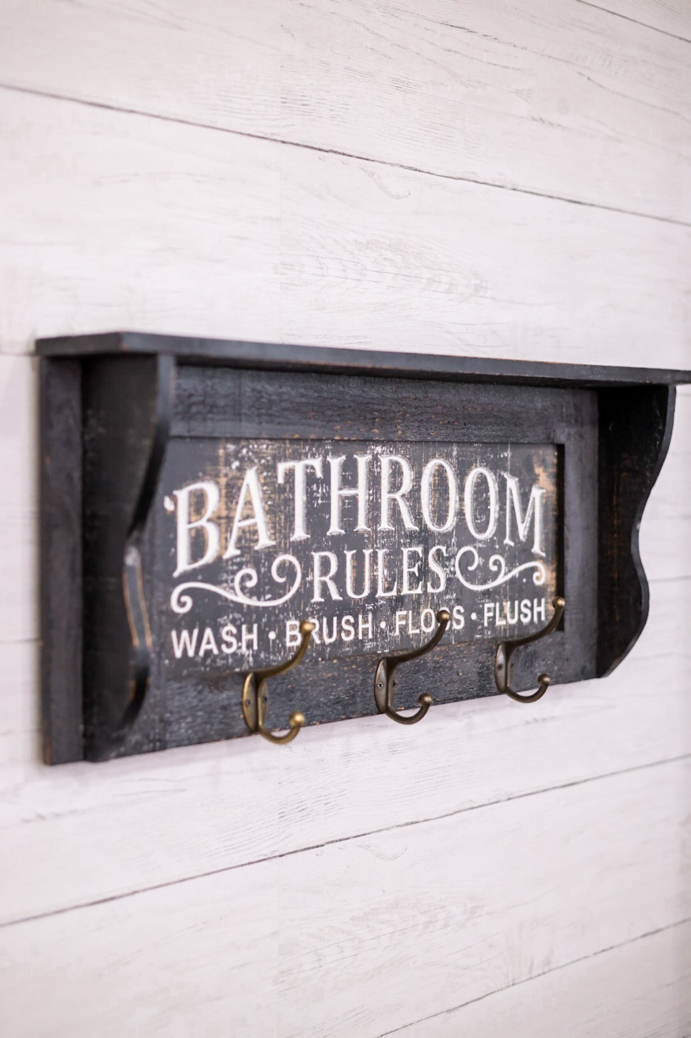Engraved Wood Bathroom Shelf W/ Hooks