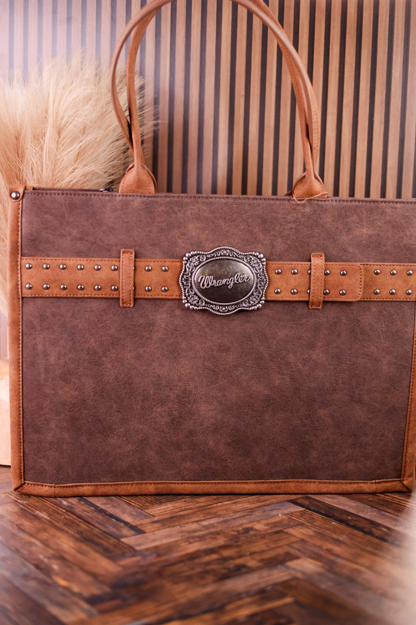 Large Coffee Brown Vegan Leather Tote Bag With Wrangler Belt Buckle