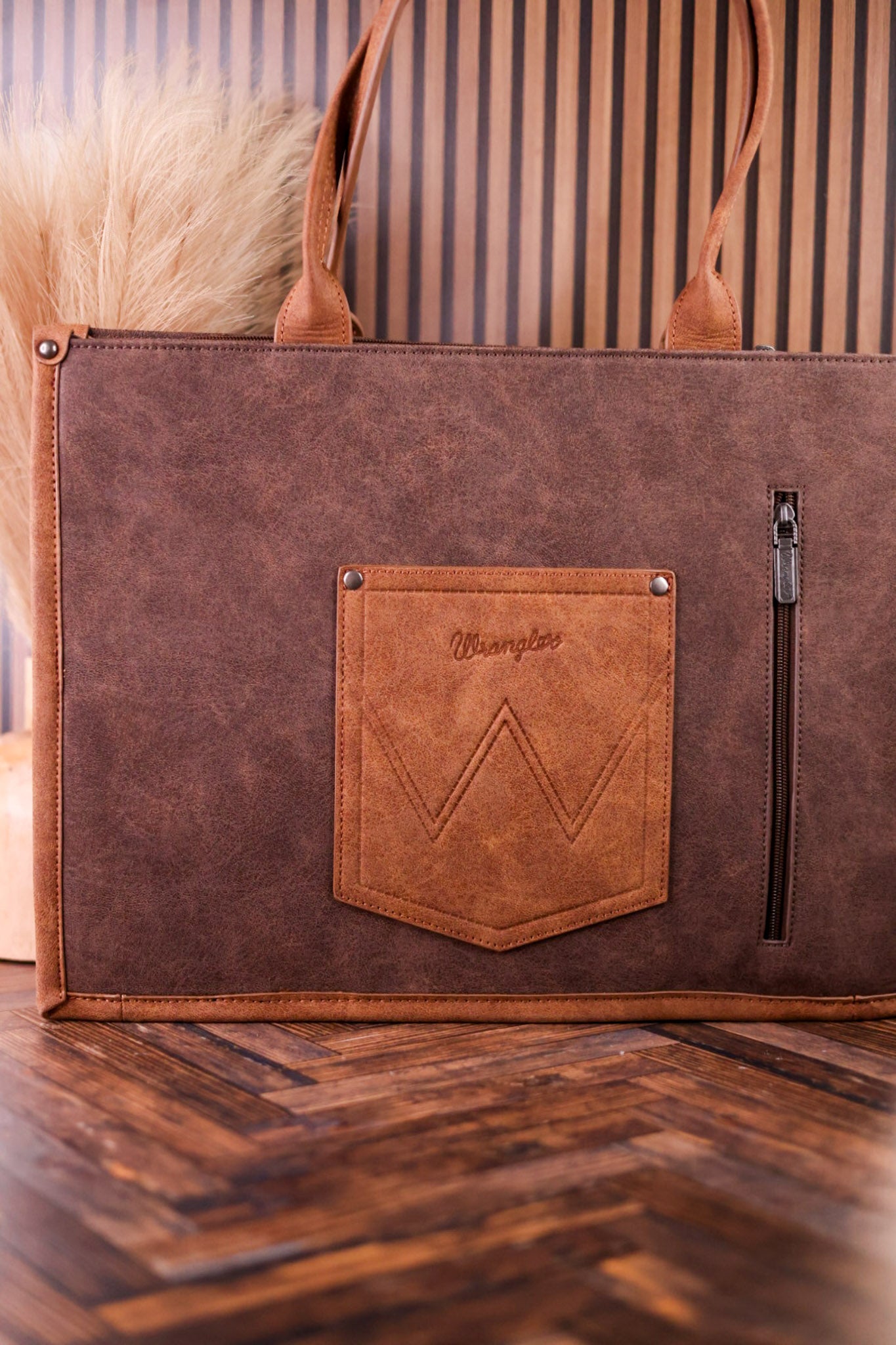 Large Coffee Brown Vegan Leather Tote Bag With Wrangler Belt Buckle