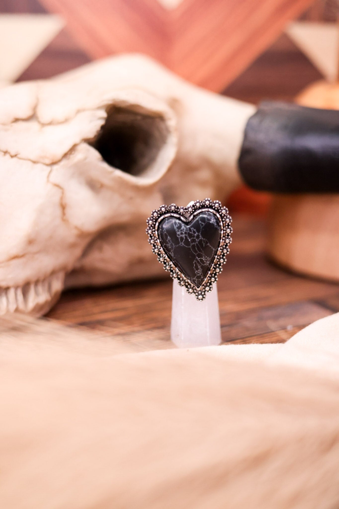Adjustable Western Heart Ring with Black Stone