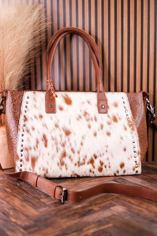 Western Belle Leather & Hairon Hide Bag In Chestnut