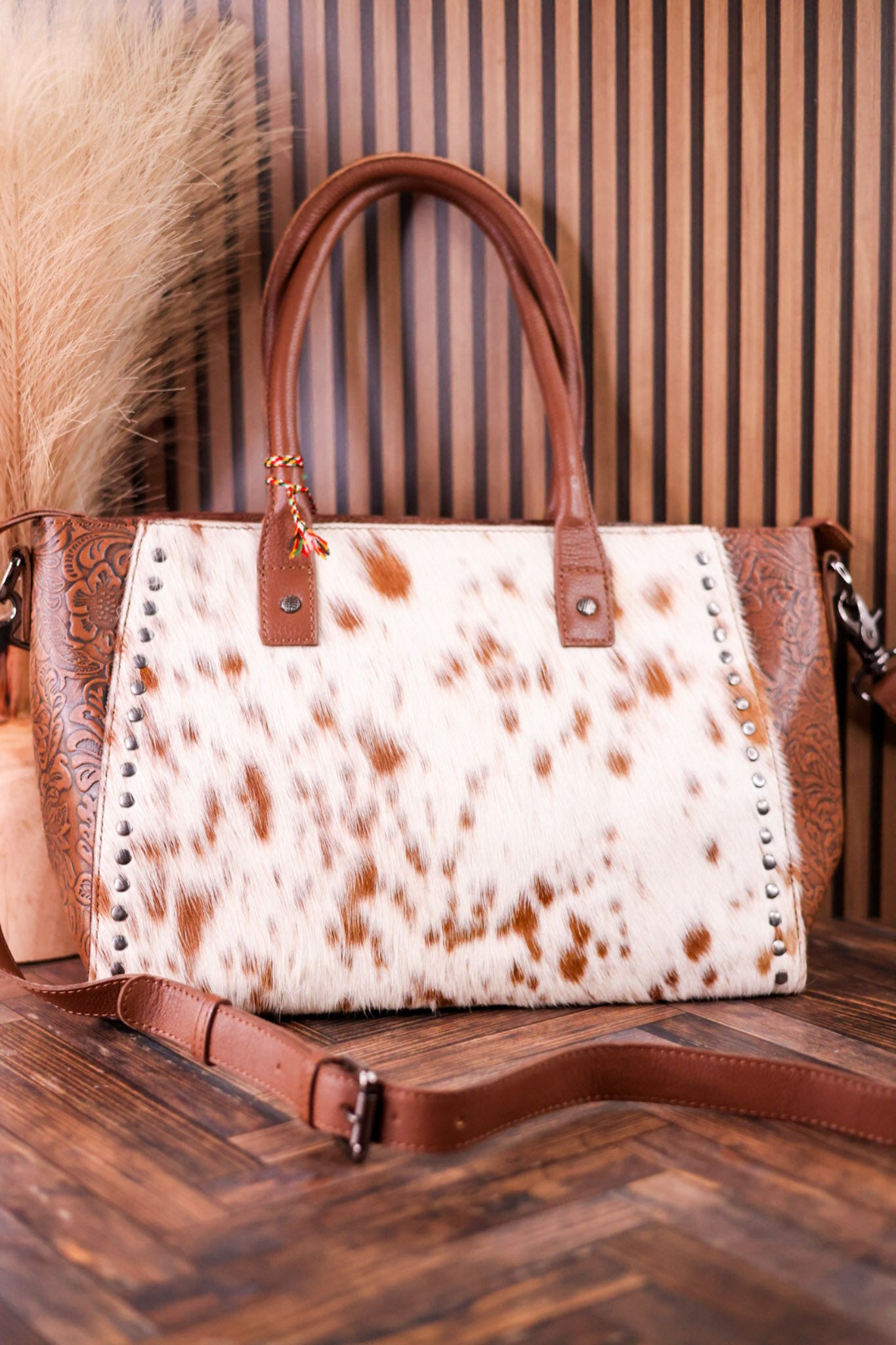 Western Belle Leather & Hairon Hide Bag In Chestnut