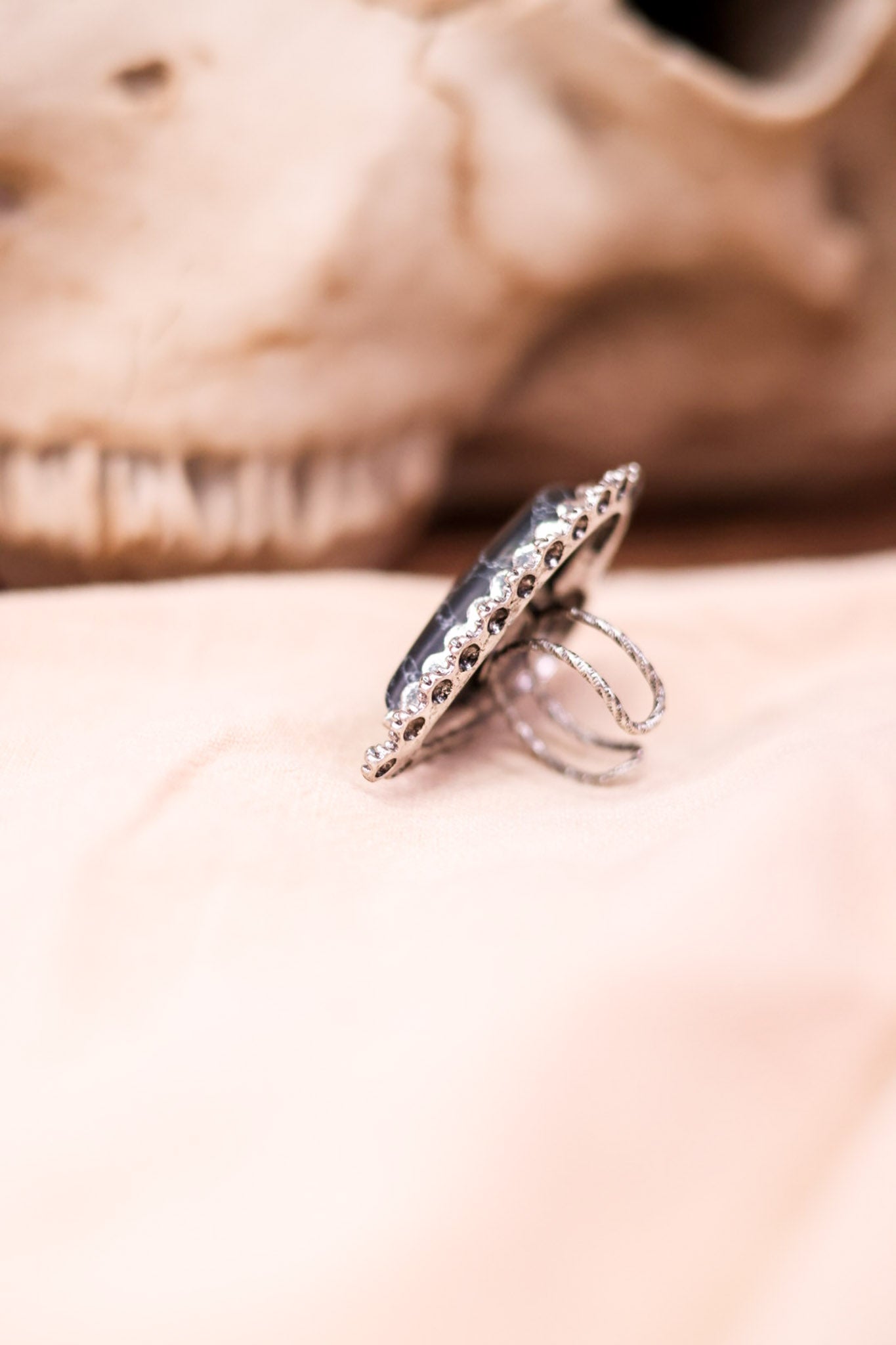 Adjustable Western Heart Ring with Black Stone