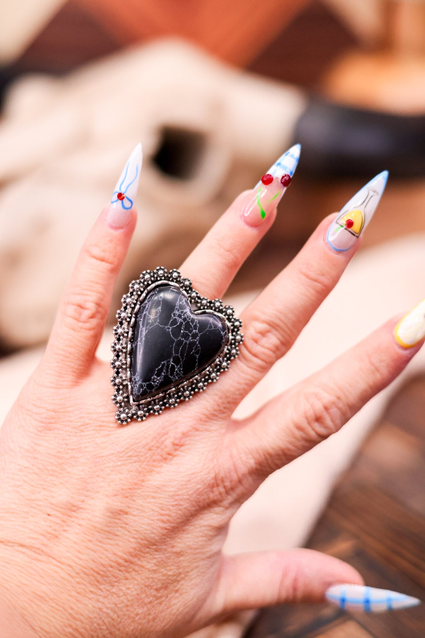 Adjustable Western Heart Ring with Black Stone