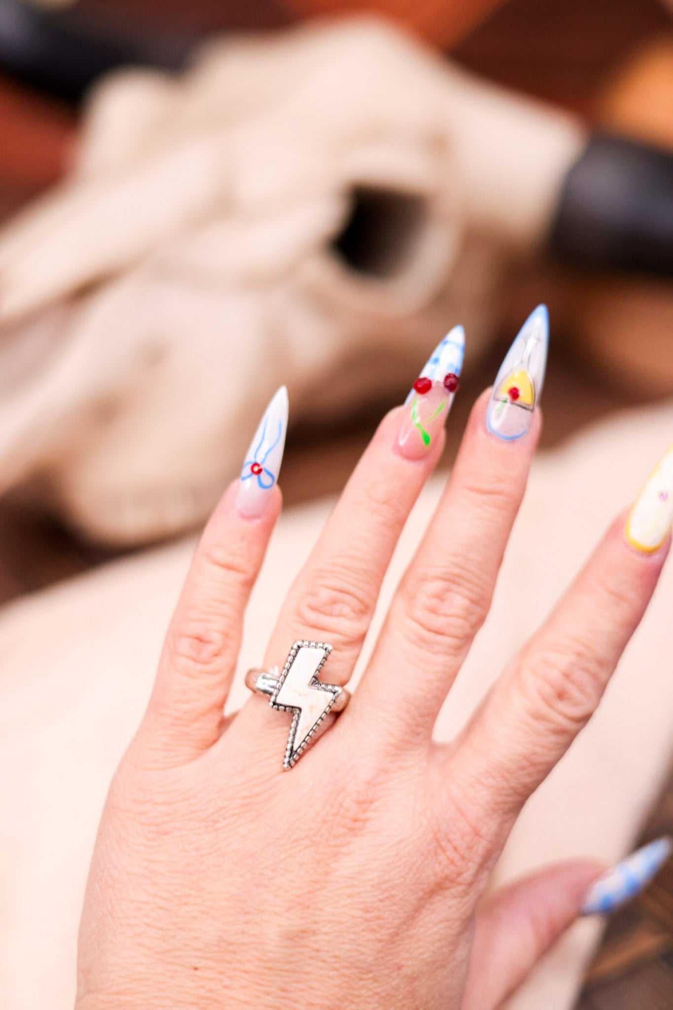 White Stone Lightning Bolt Adjustable Ring
