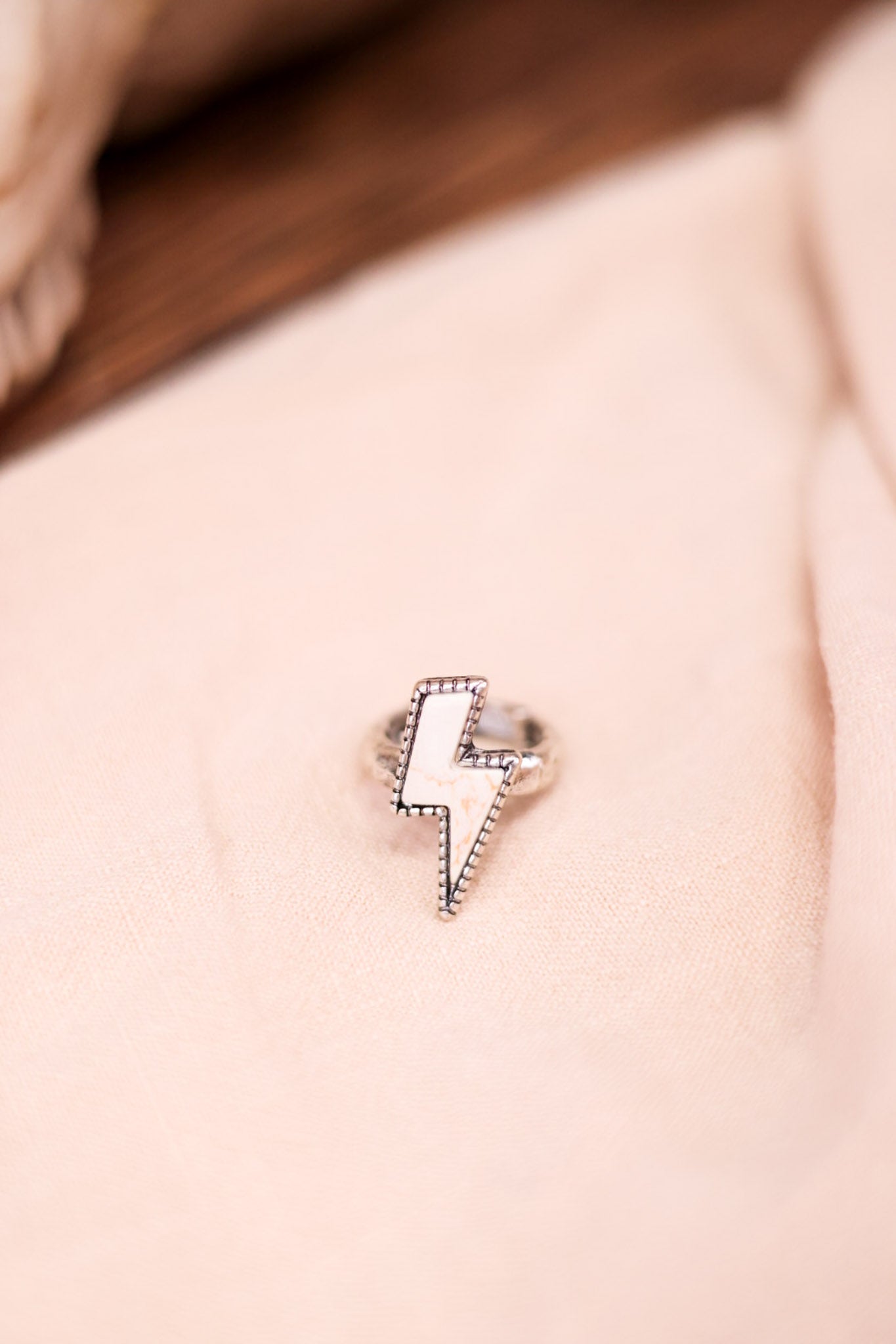 White Stone Lightning Bolt Adjustable Ring