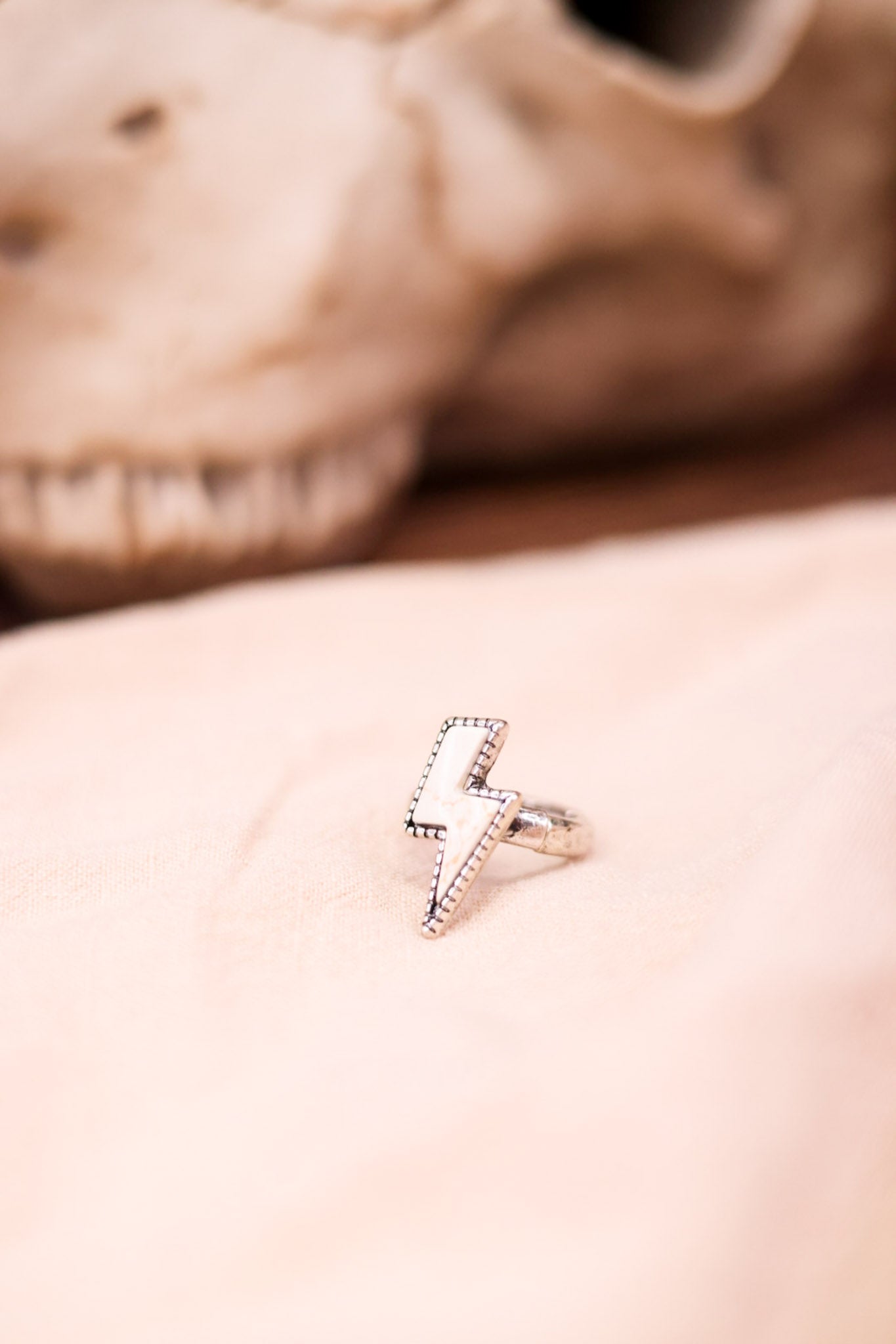 White Stone Lightning Bolt Adjustable Ring