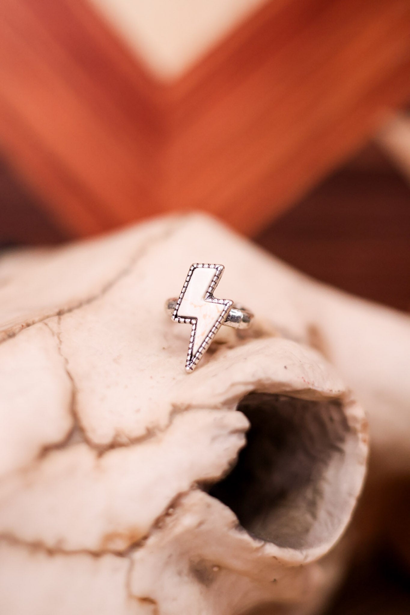 White Stone Lightning Bolt Adjustable Ring