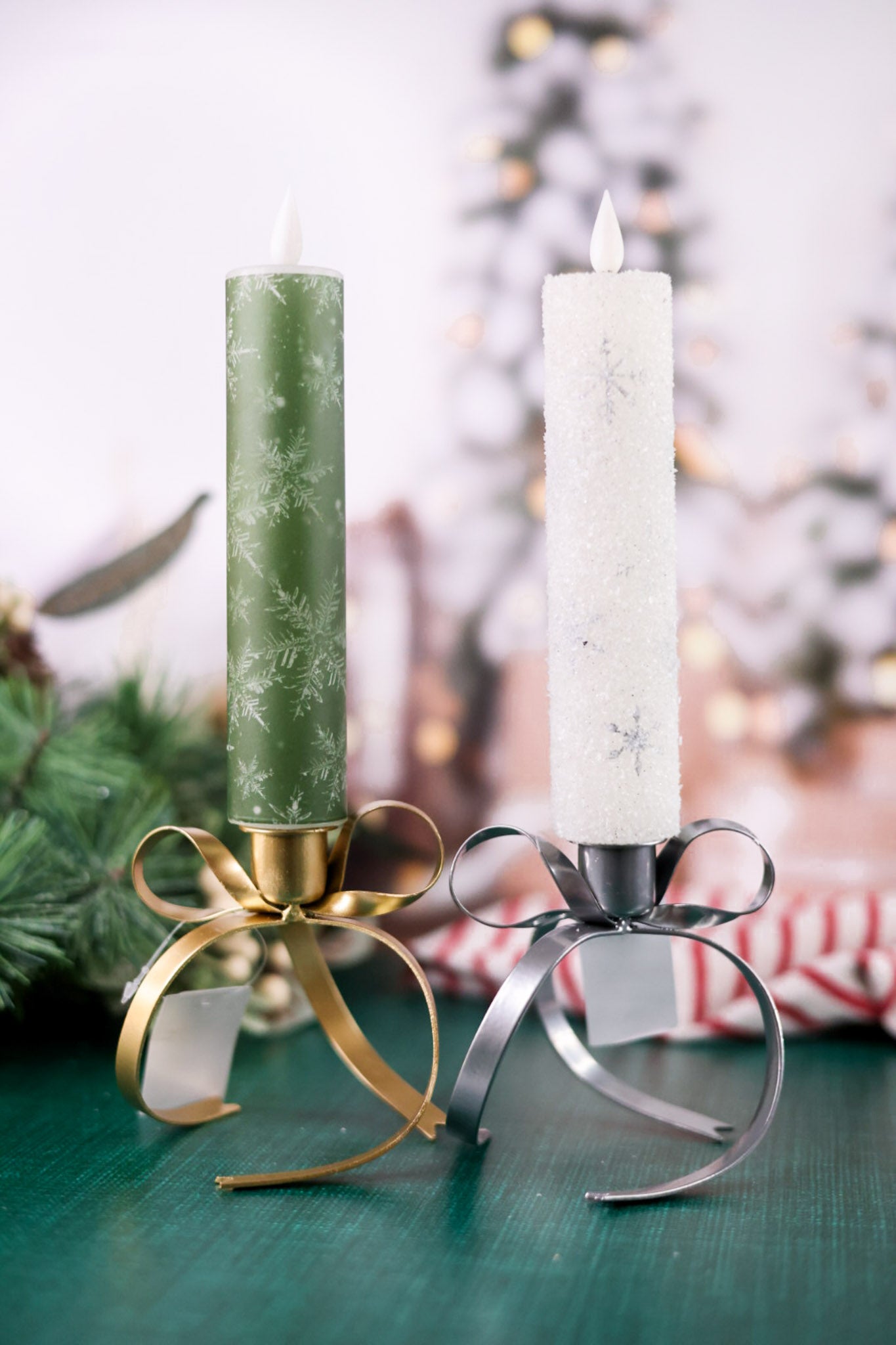 Silver & Gold Metal Bow Taper Candle Holders (Two Colors)