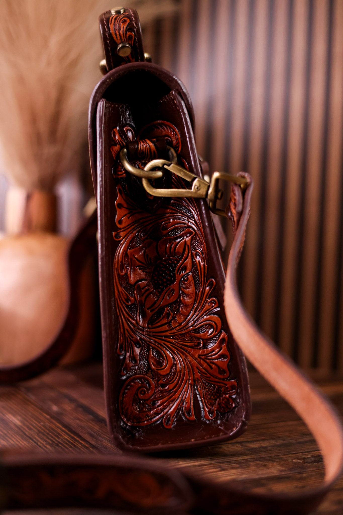 Savannah Scroll Embossed Dark Brown Leather Sling Bag