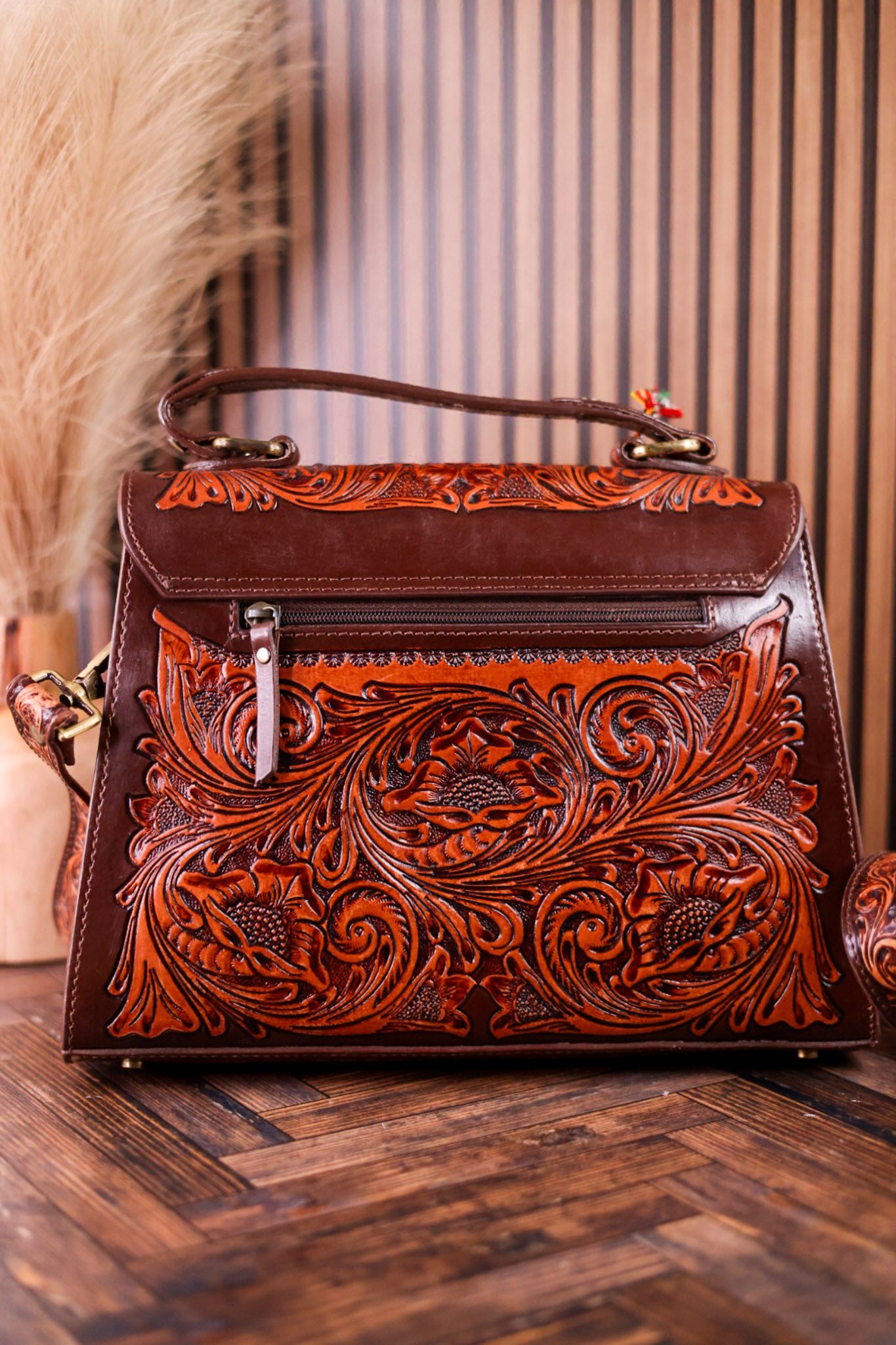 Savannah Scroll Embossed Dark Brown Leather Sling Bag