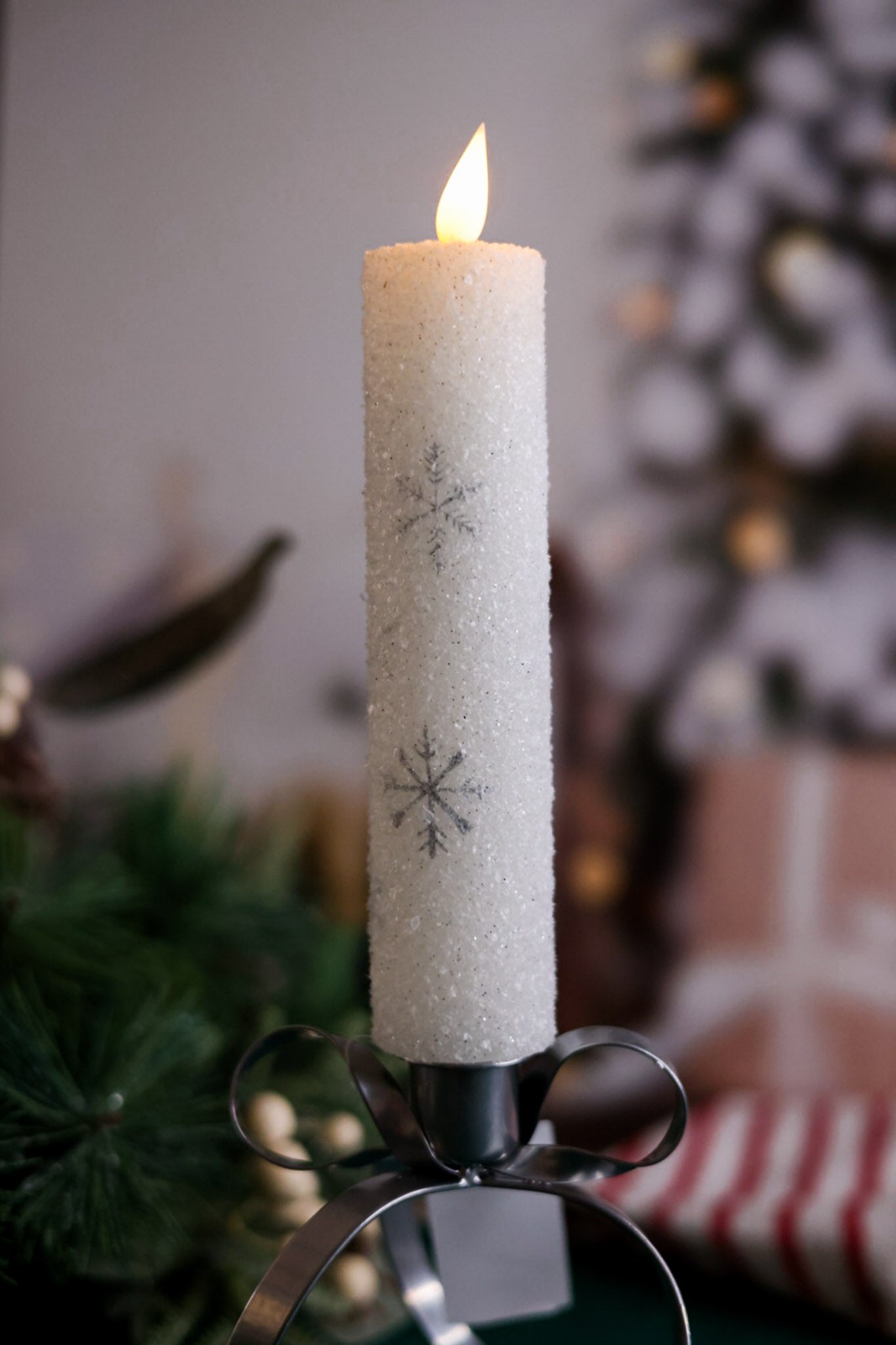 8" Frosted Snowflake White LED Taper Candle