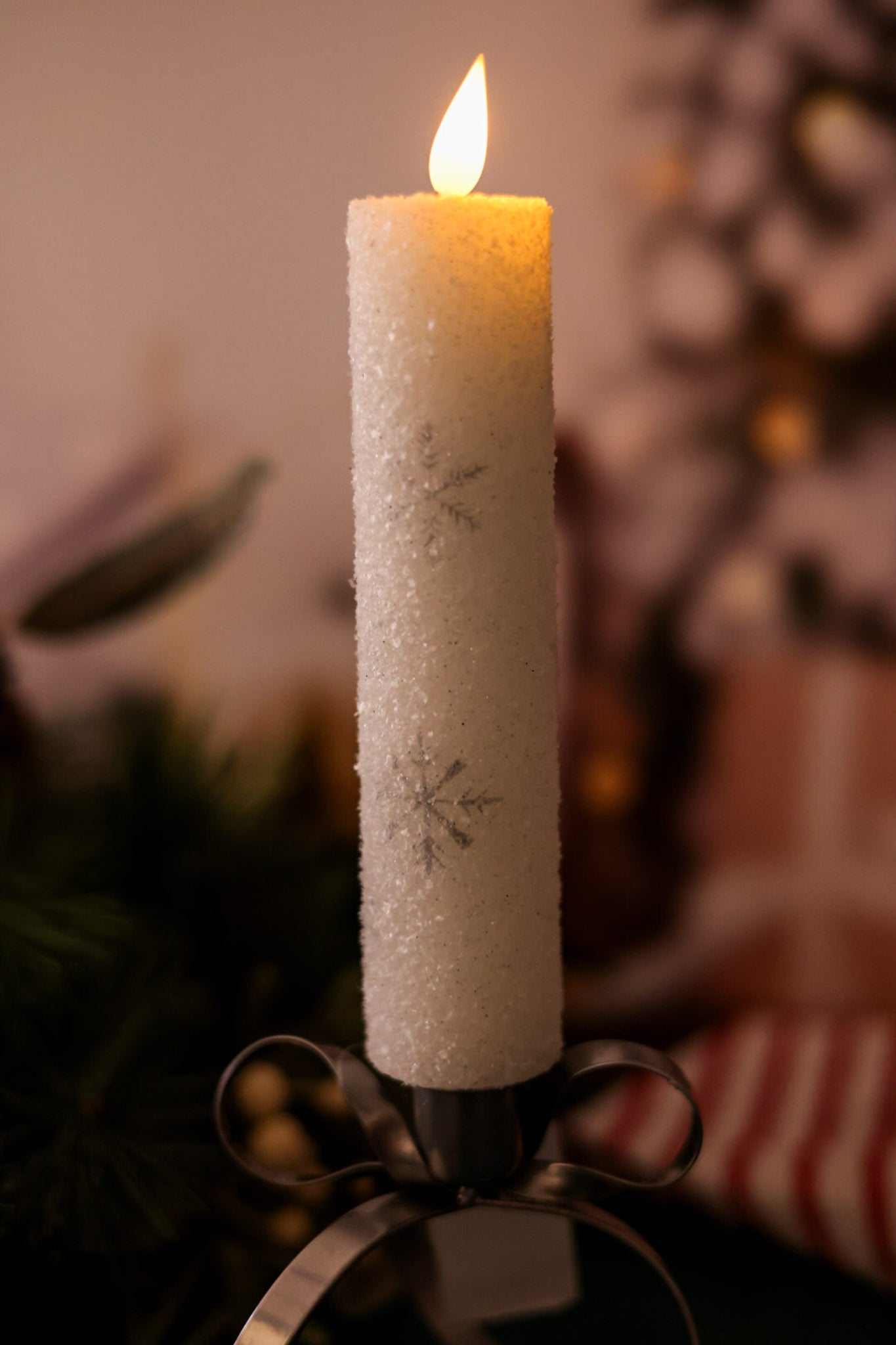 8" Frosted Snowflake White LED Taper Candle
