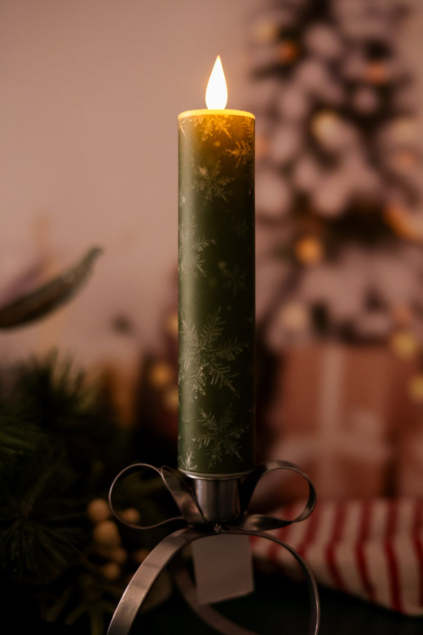 8" Green Snowflake LED Taper Candle