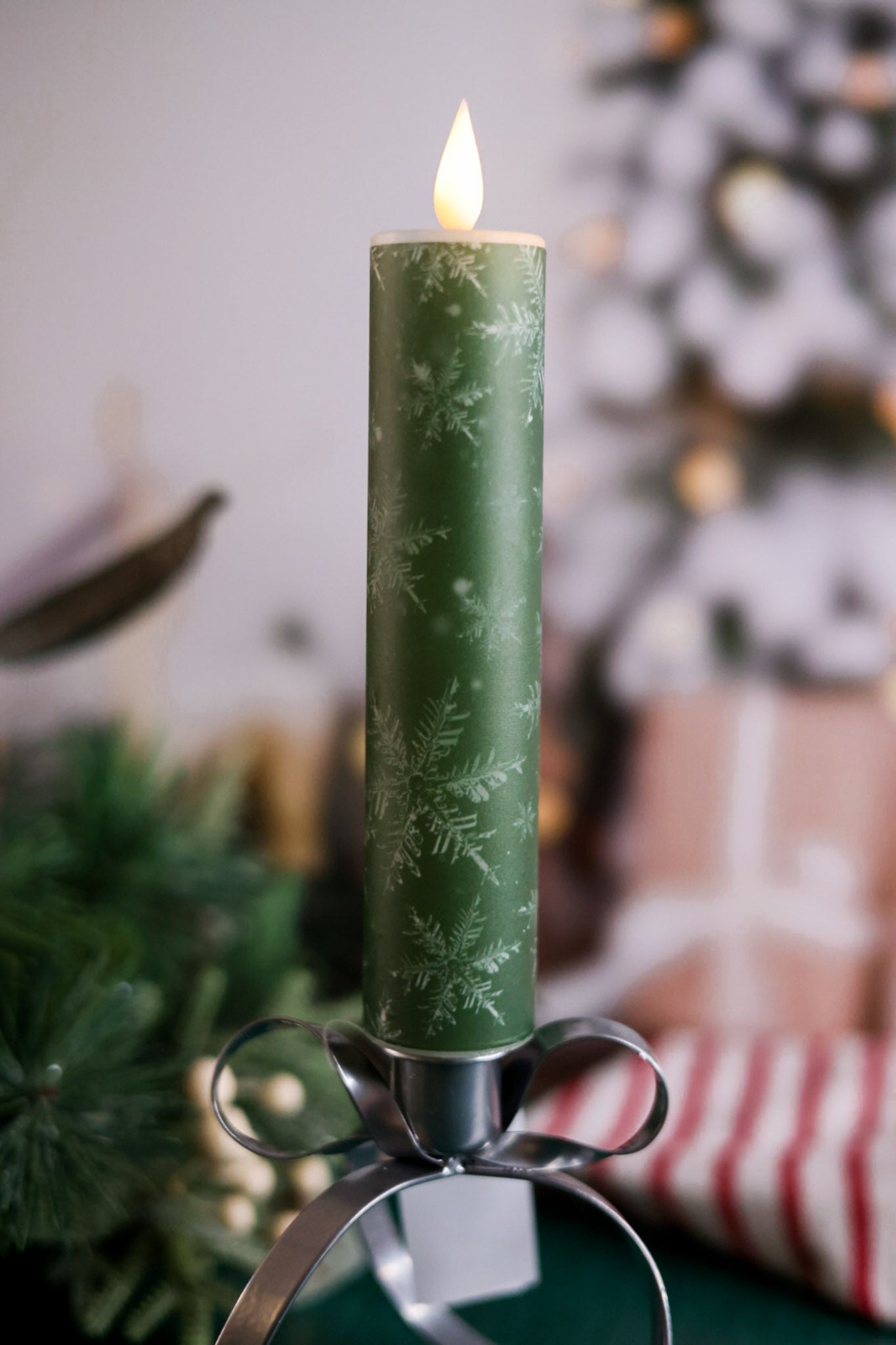 8" Green Snowflake LED Taper Candle