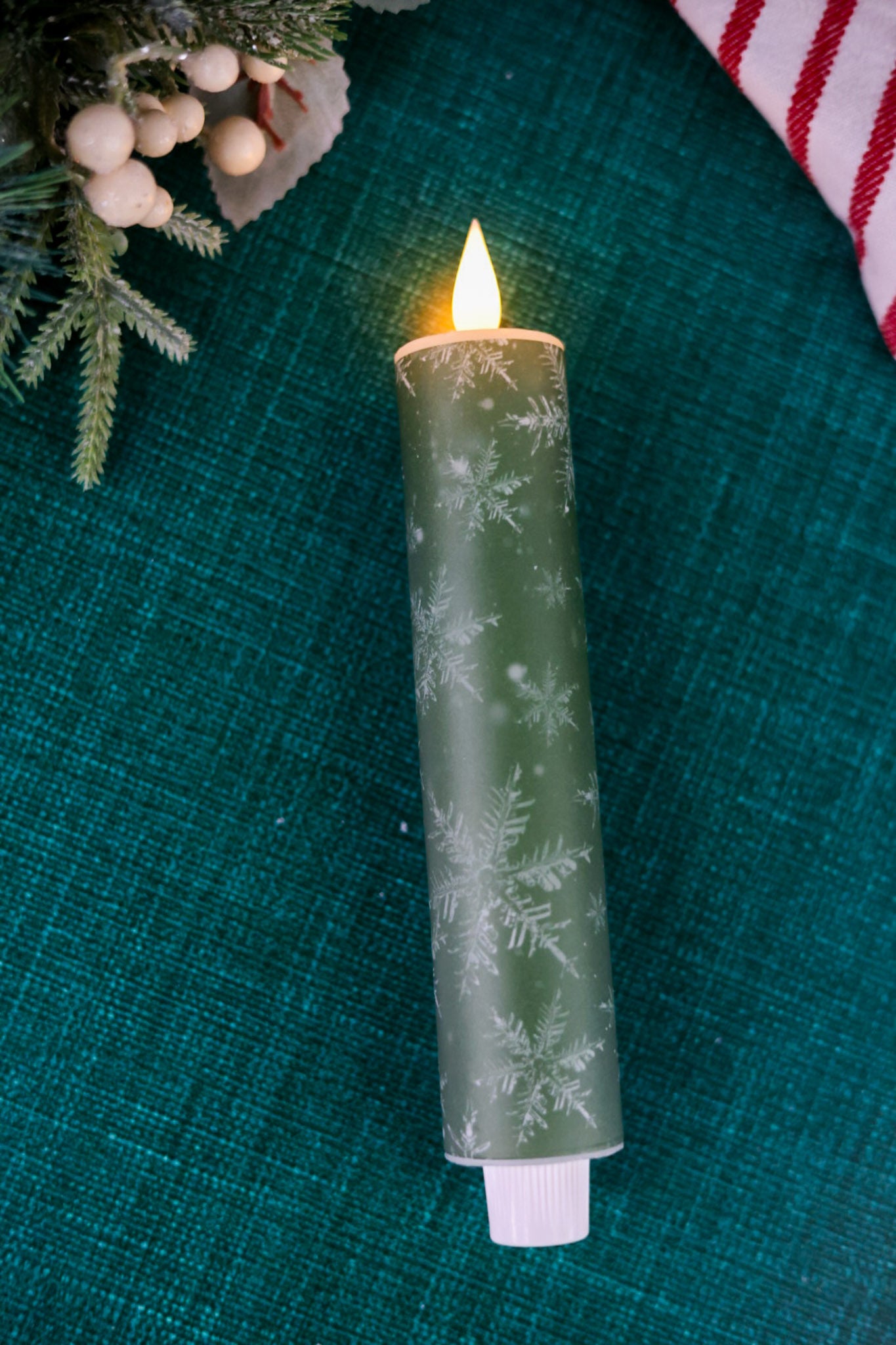 8" Green Snowflake LED Taper Candle