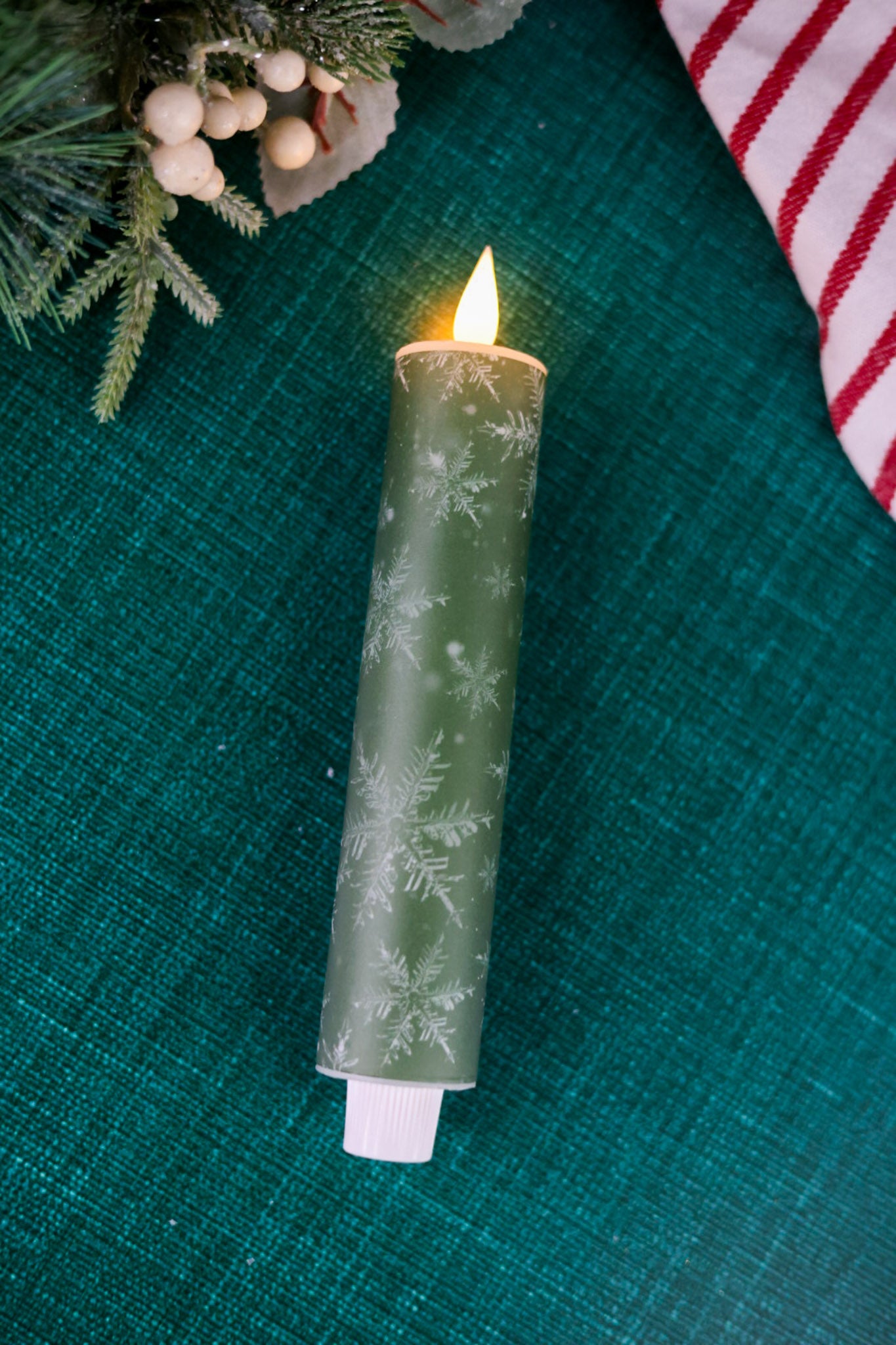8" Green Snowflake LED Taper Candle