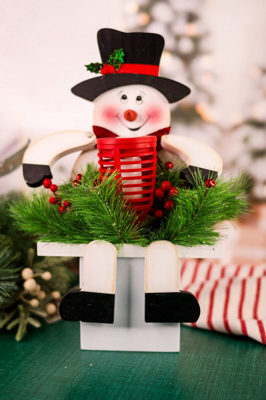 Wooden Snowman Solar Decorative Sitter