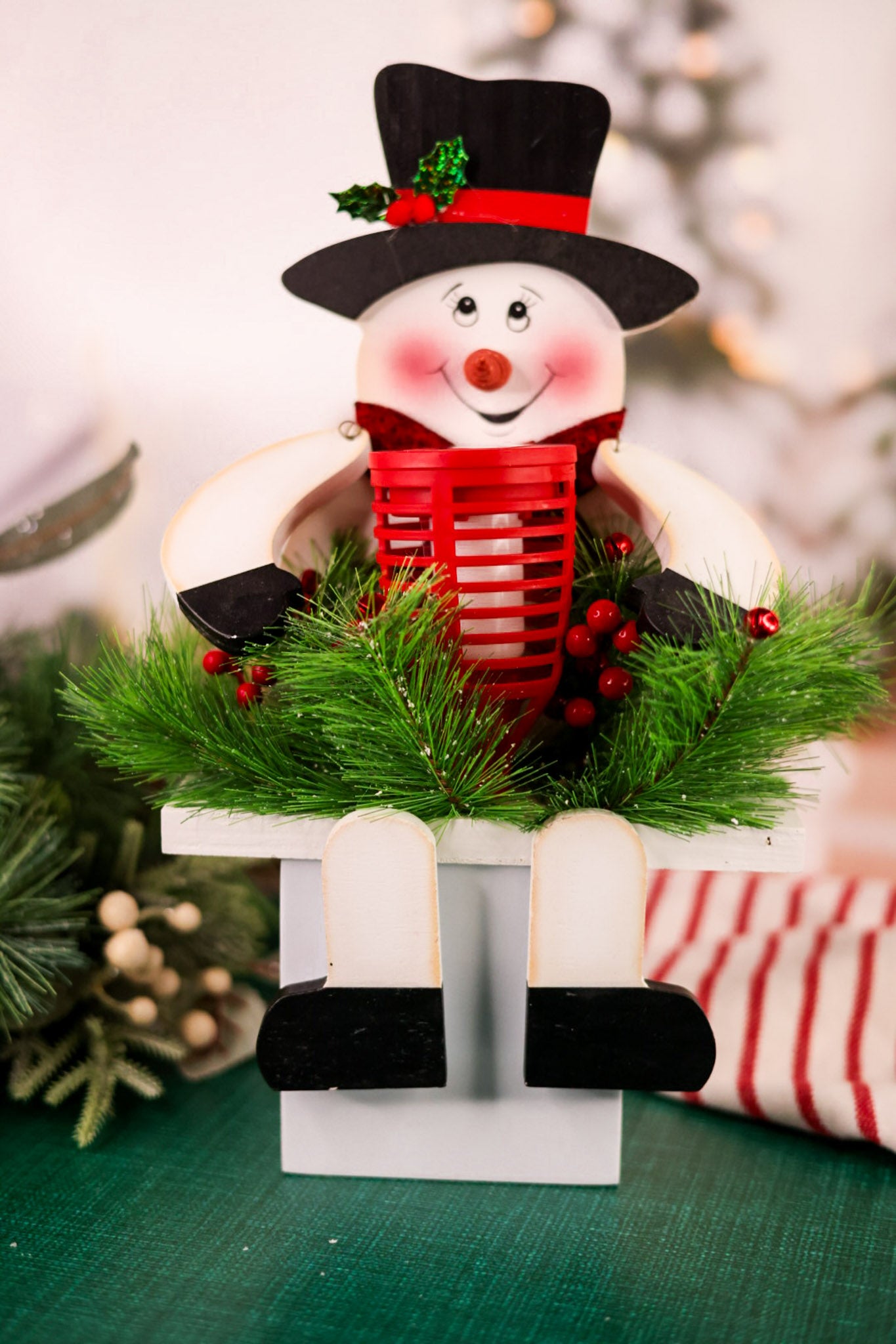 Wooden Snowman Solar Decorative Sitter