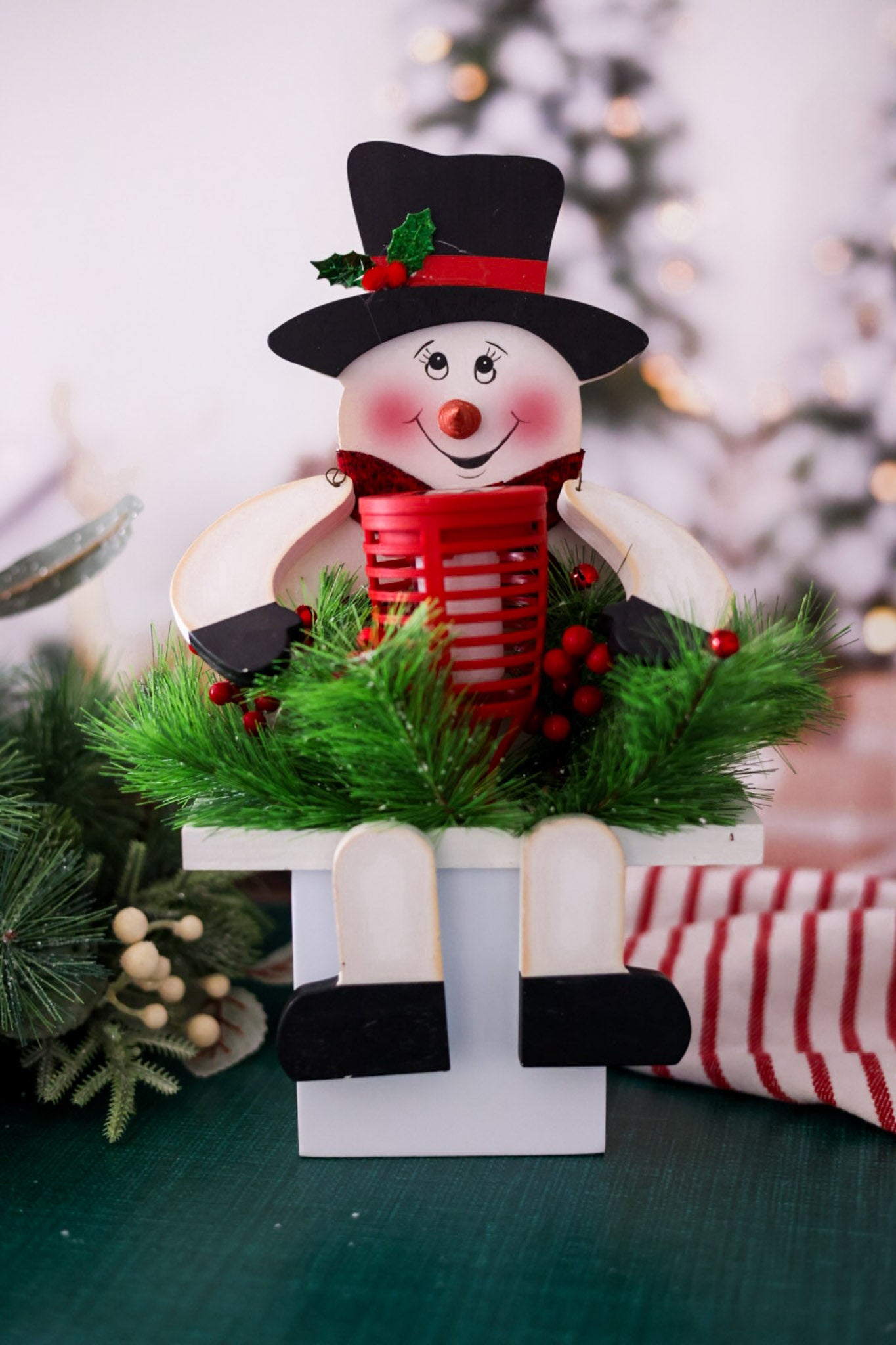 Wooden Snowman Solar Decorative Sitter