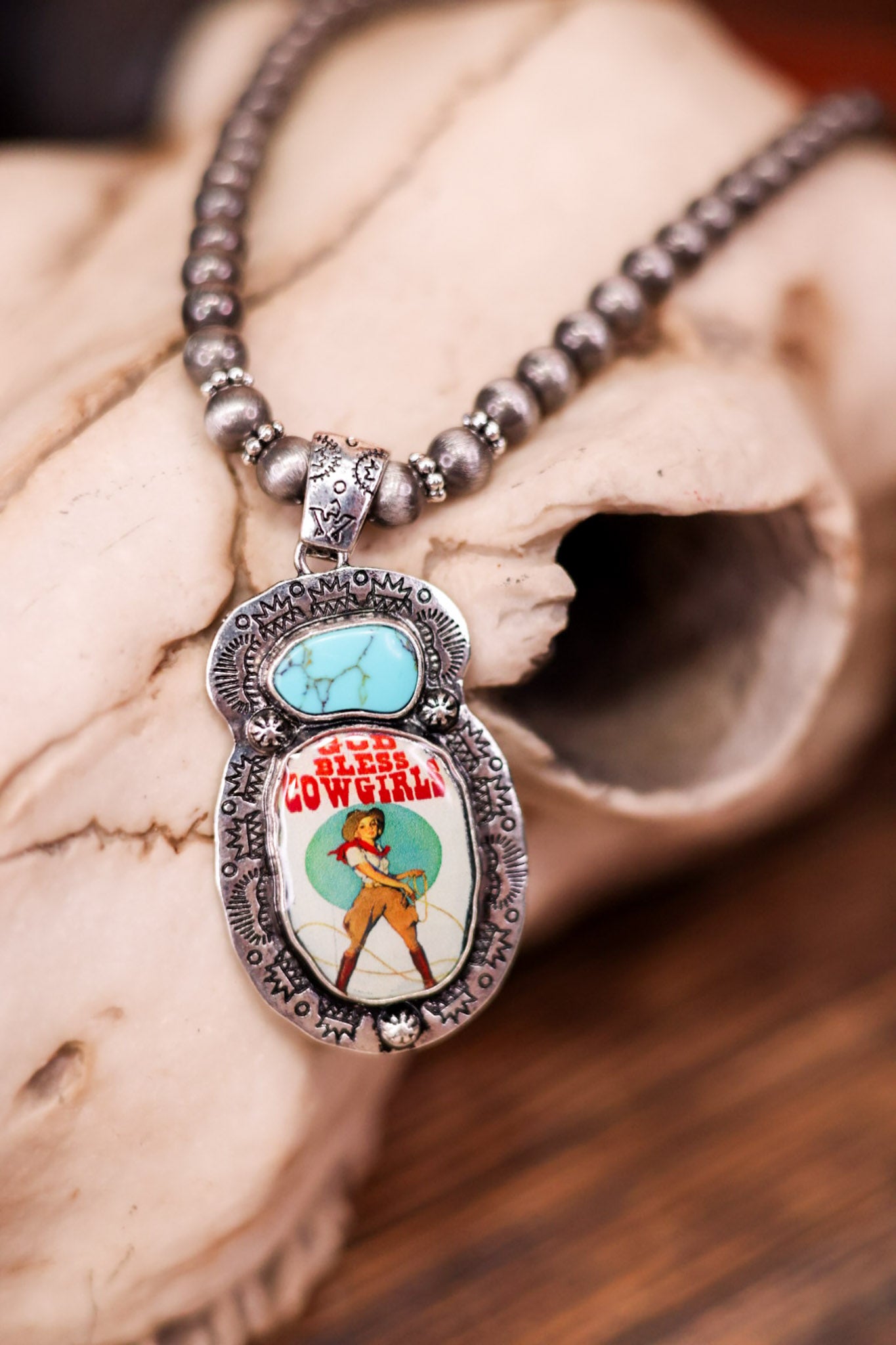 God Bless Cowgirls Western Pendant Beaded Necklace