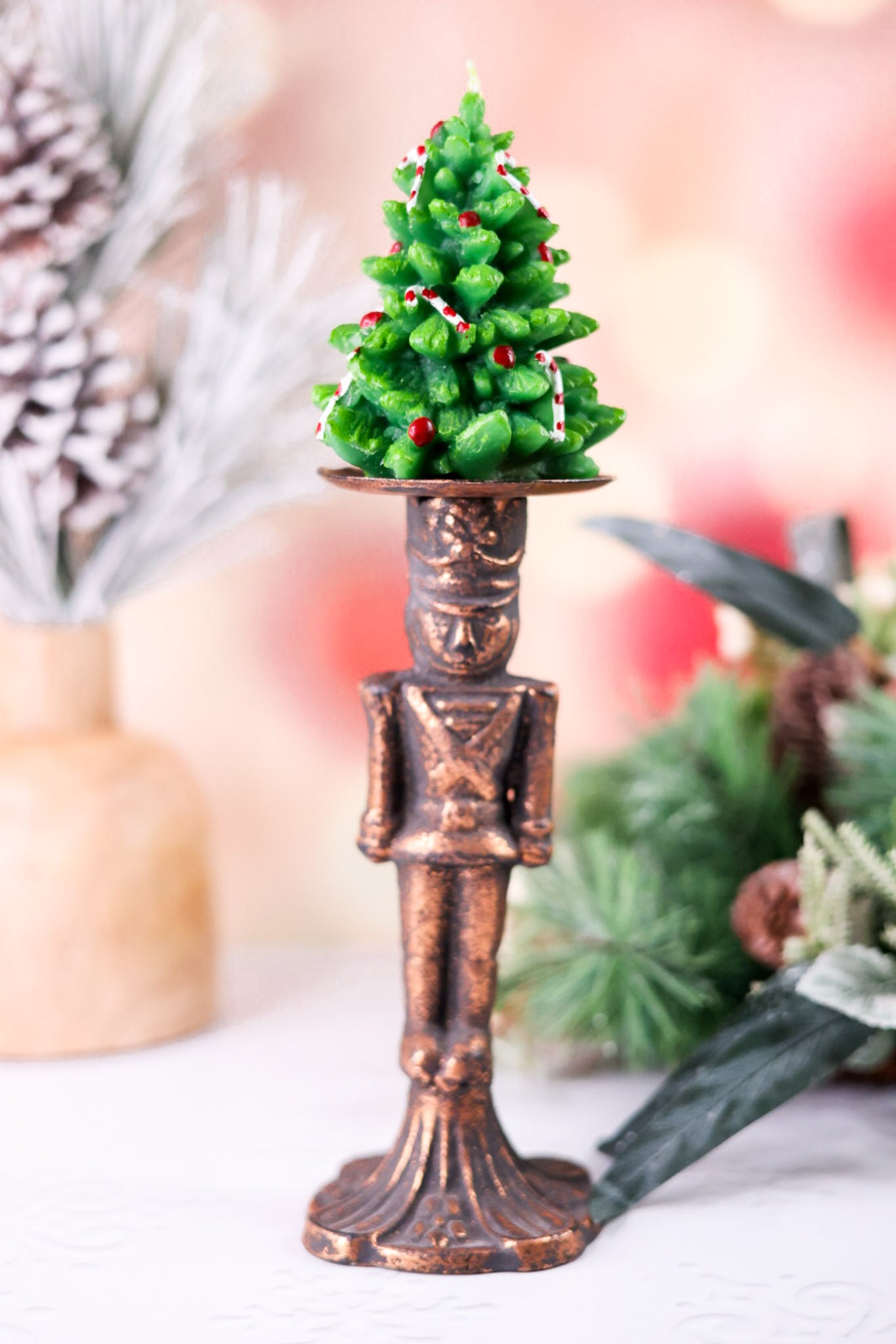Christmas Tree With Candy Cane & Holly Wax Candles (Set Of Two)