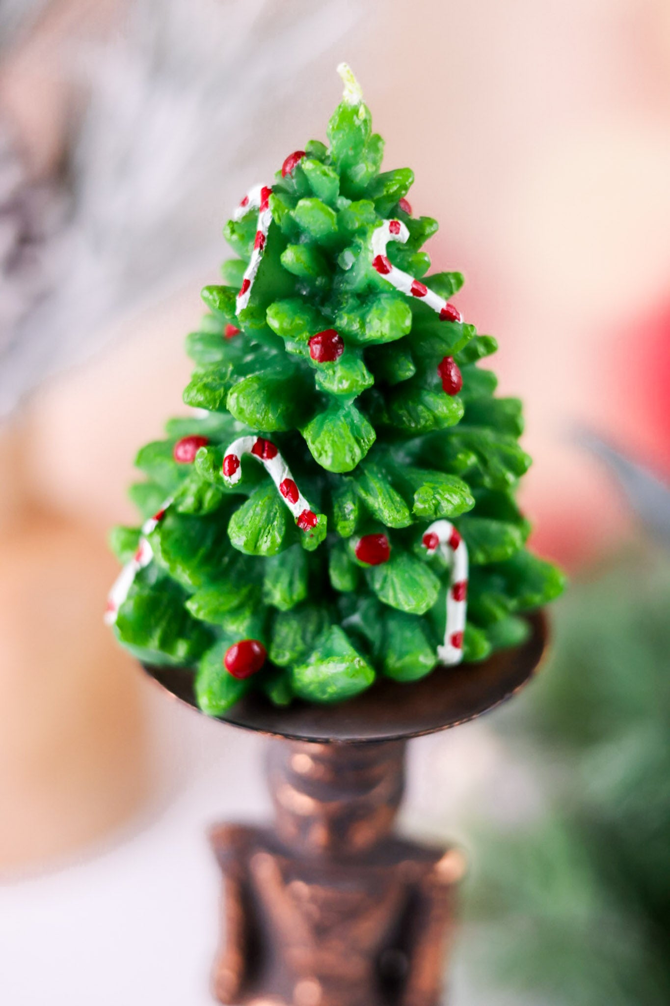 Christmas Tree With Candy Cane & Holly Wax Candles (Set Of Two)