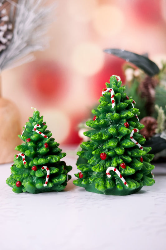 Christmas Tree With Candy Cane & Holly Wax Candles (Set Of Two)