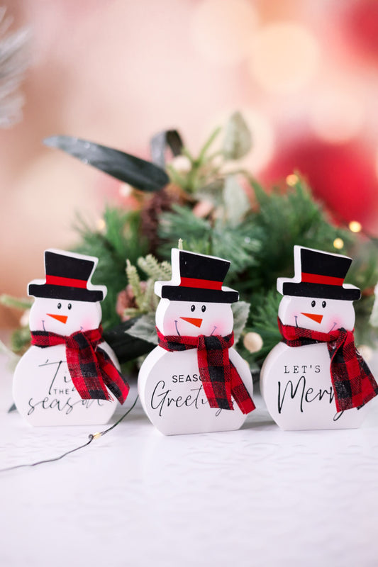 Wooden Snowman Figurine W/ Fabric Scarf (3 Styles)