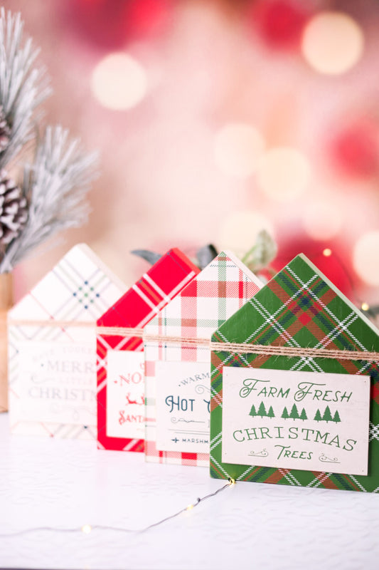 Plaid House Shaped Wooden Block Signs (4 Styles)