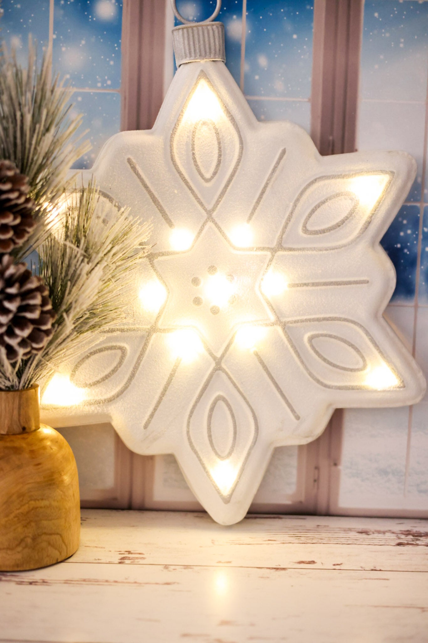 Metal White & Silver LED Snowflake Sign