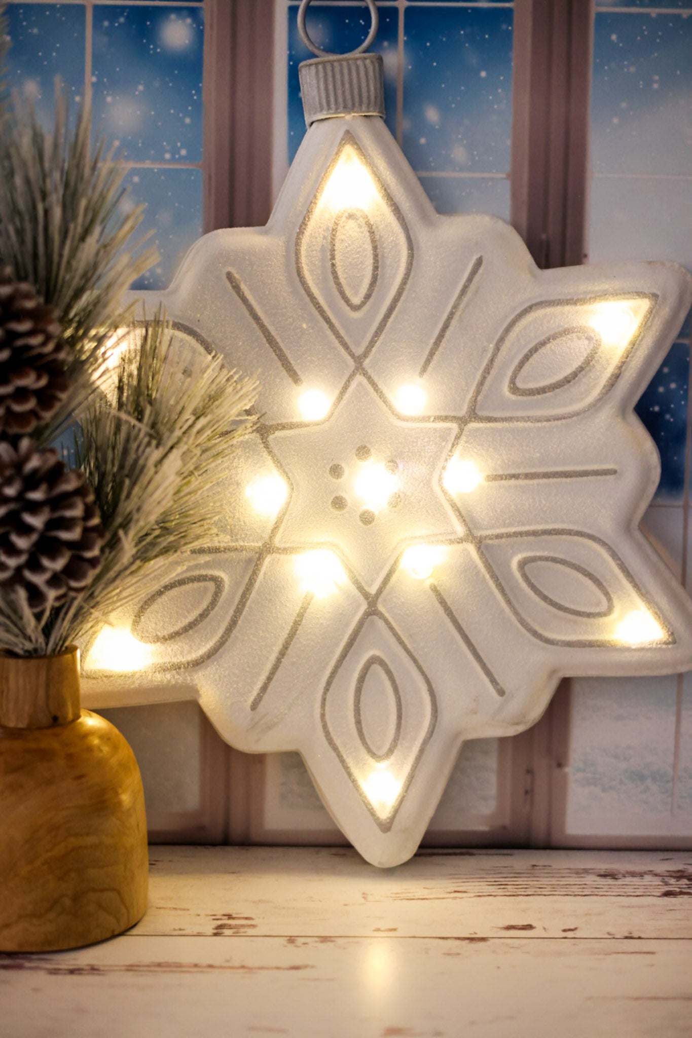 Metal White & Silver LED Snowflake Sign