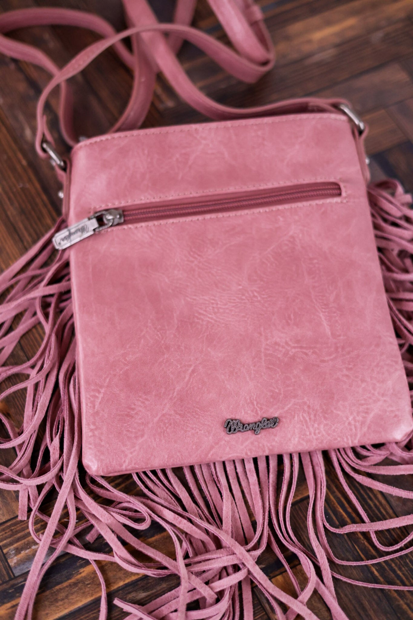 Wrangler Pink Leather Fringe Denim Crossbody Bag