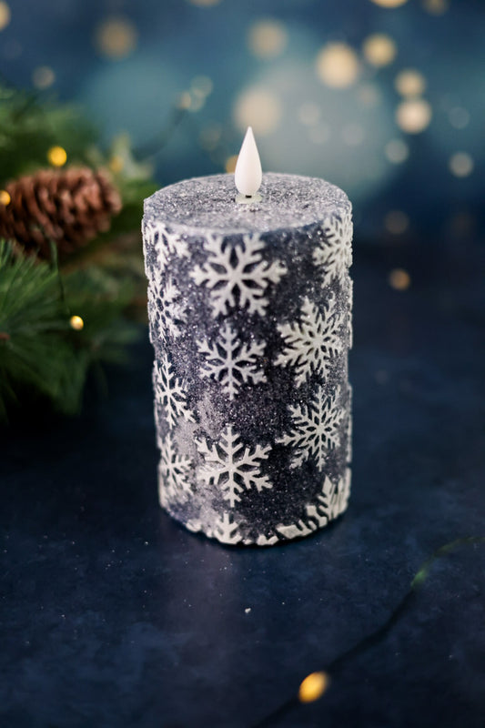 Vintage Blue 5" Snowflake LED Pillar Candle