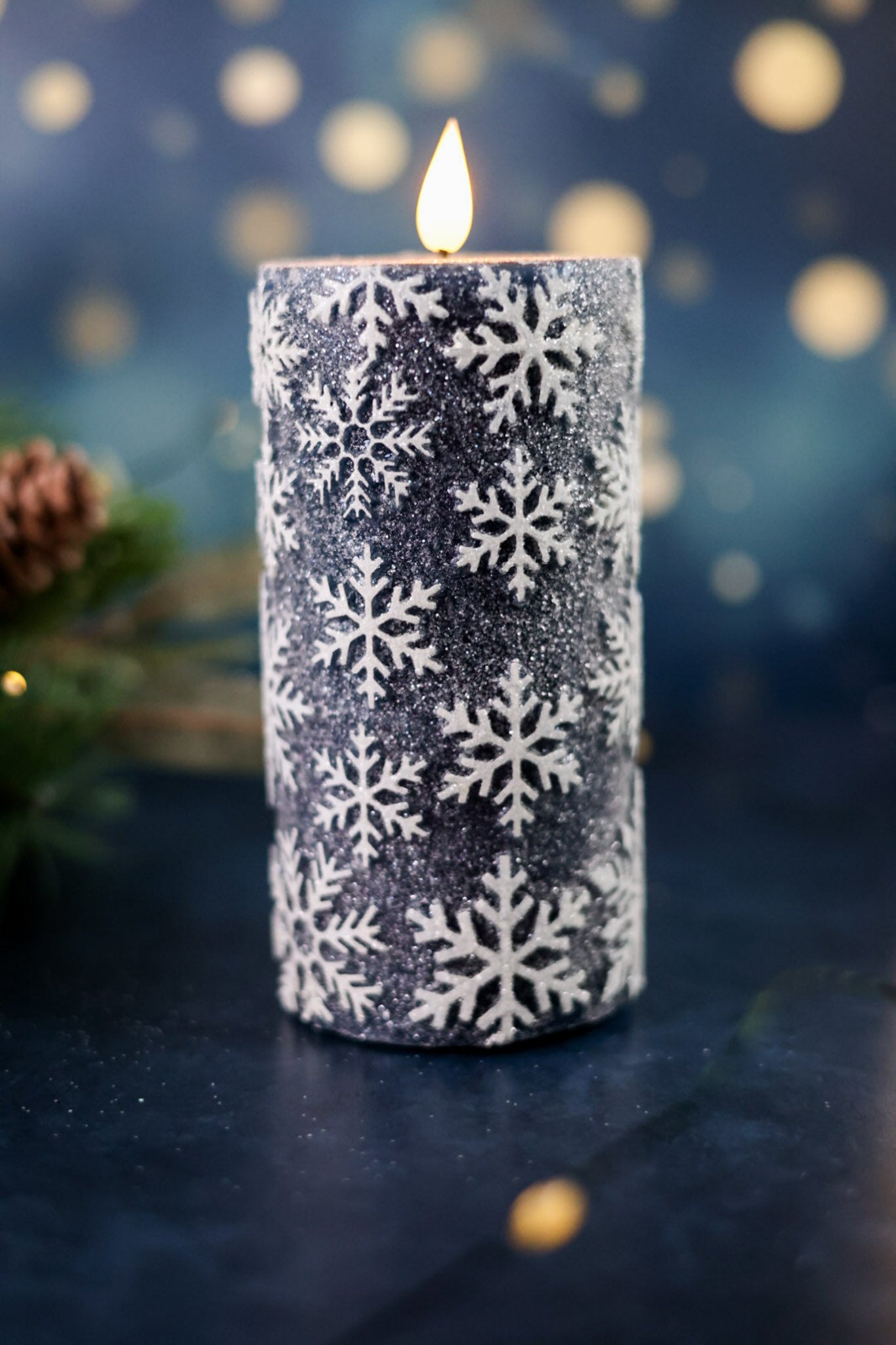 Vintage Blue 6" Snowflake LED Pillar Candle