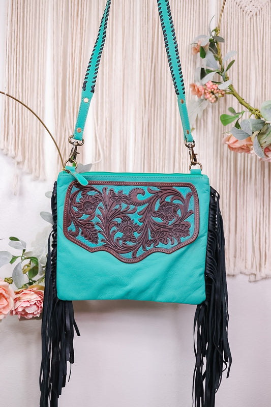 Fringed Hand-Tooled Bag in Teal