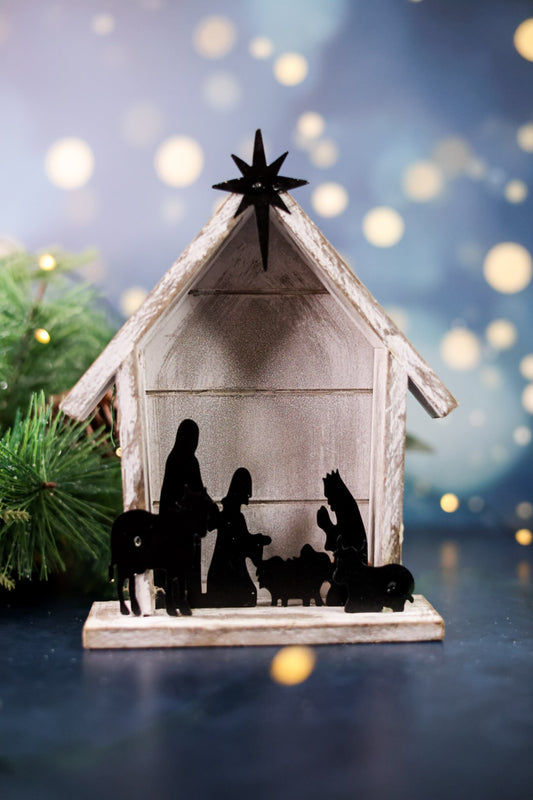White Wood & Black Metal Nativity Decorative Scene
