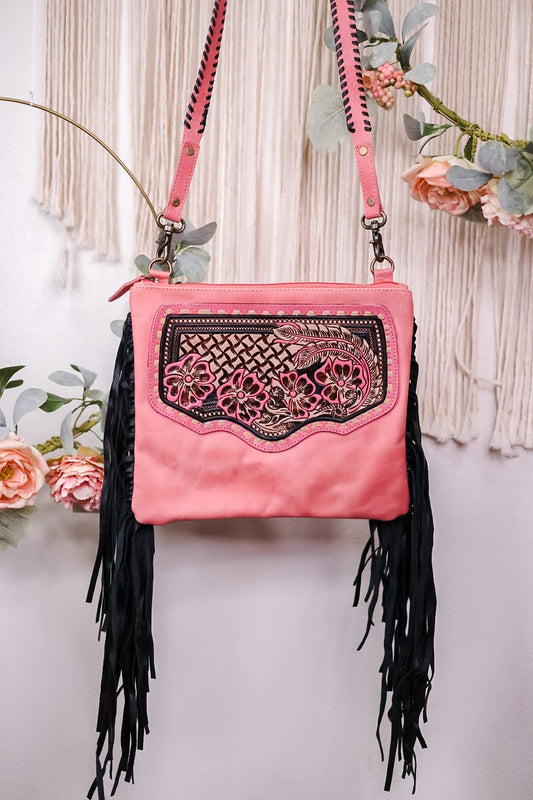 Millstone Fringed Hand-Tooled Pink Bag