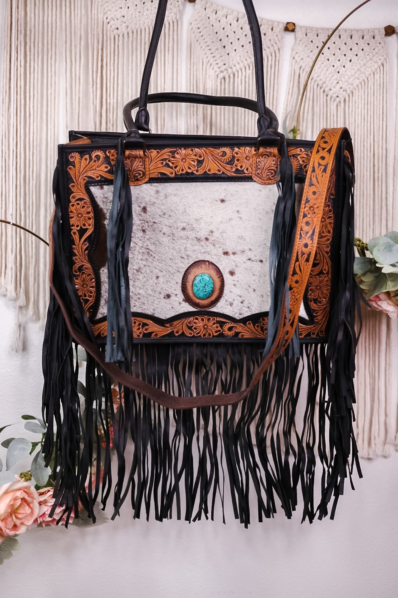 Cowhide and Turquoise Tote Bag with Hand Tooled Leather