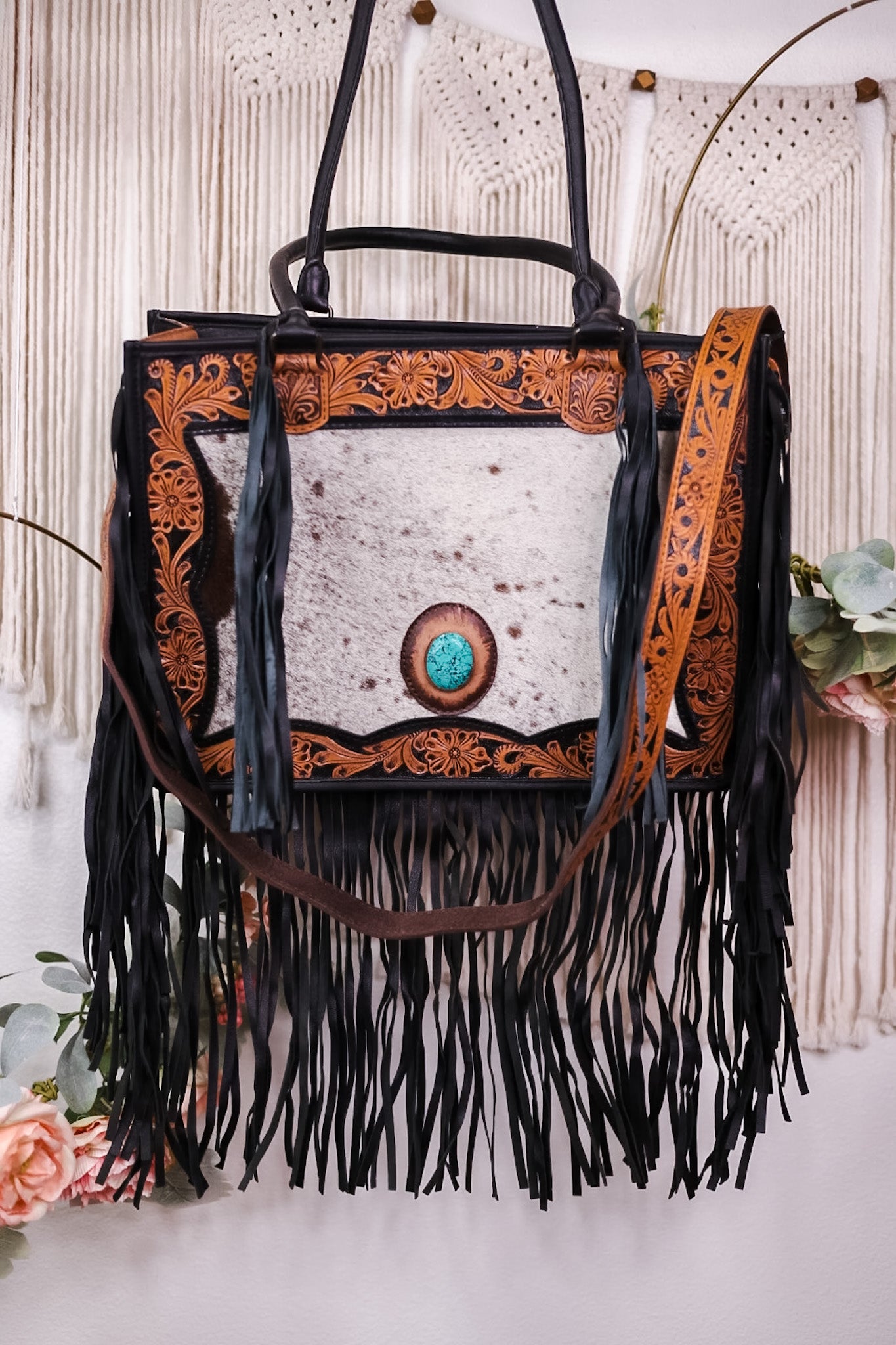 Cowhide and Turquoise Tote Bag with Hand Tooled Leather