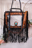 Cowhide and Turquoise Tote Bag with Hand Tooled Leather