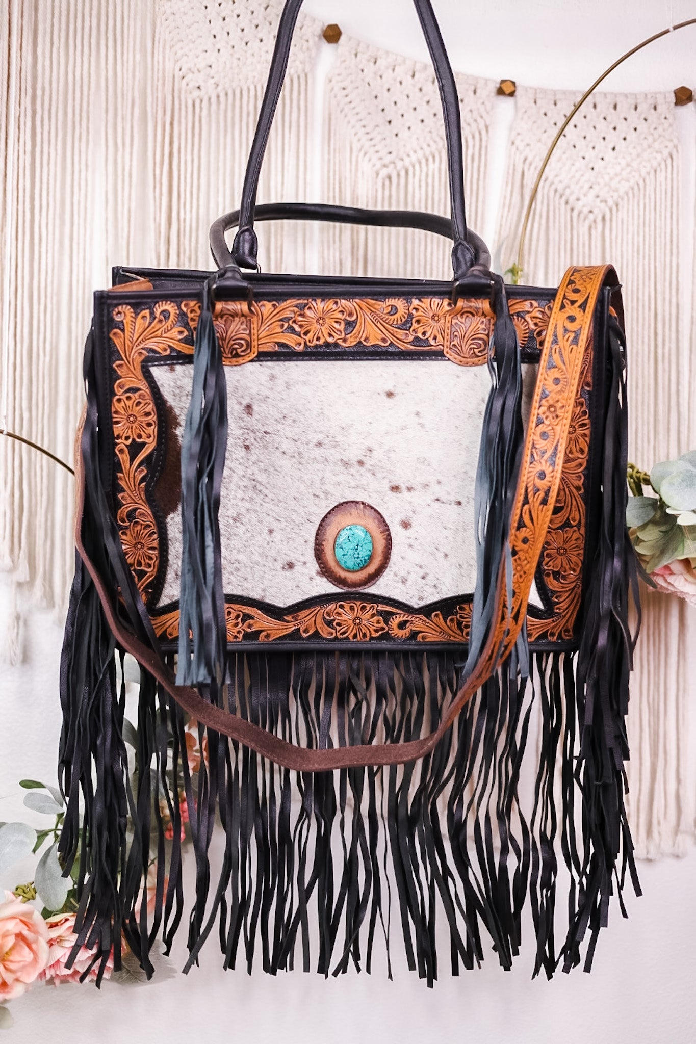 Cowhide and Turquoise Tote Bag with Hand Tooled Leather