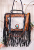 Cowhide and Turquoise Tote Bag with Hand Tooled Leather