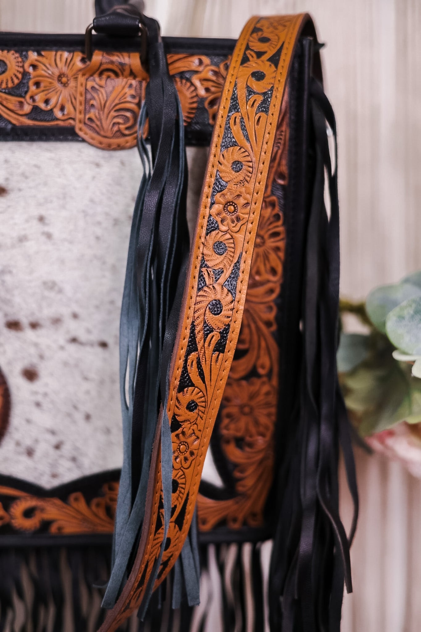 Cowhide and Turquoise Tote Bag with Hand Tooled Leather