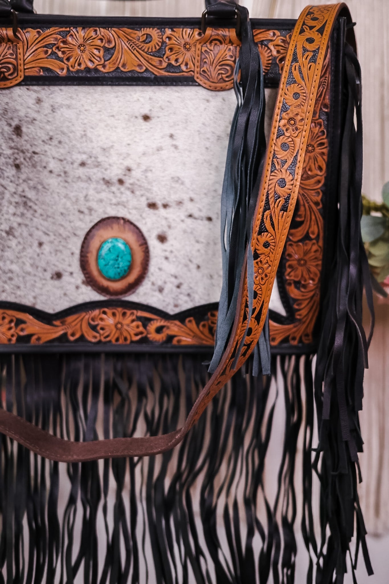 Cowhide and Turquoise Tote Bag with Hand Tooled Leather