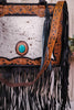 Cowhide and Turquoise Tote Bag with Hand Tooled Leather