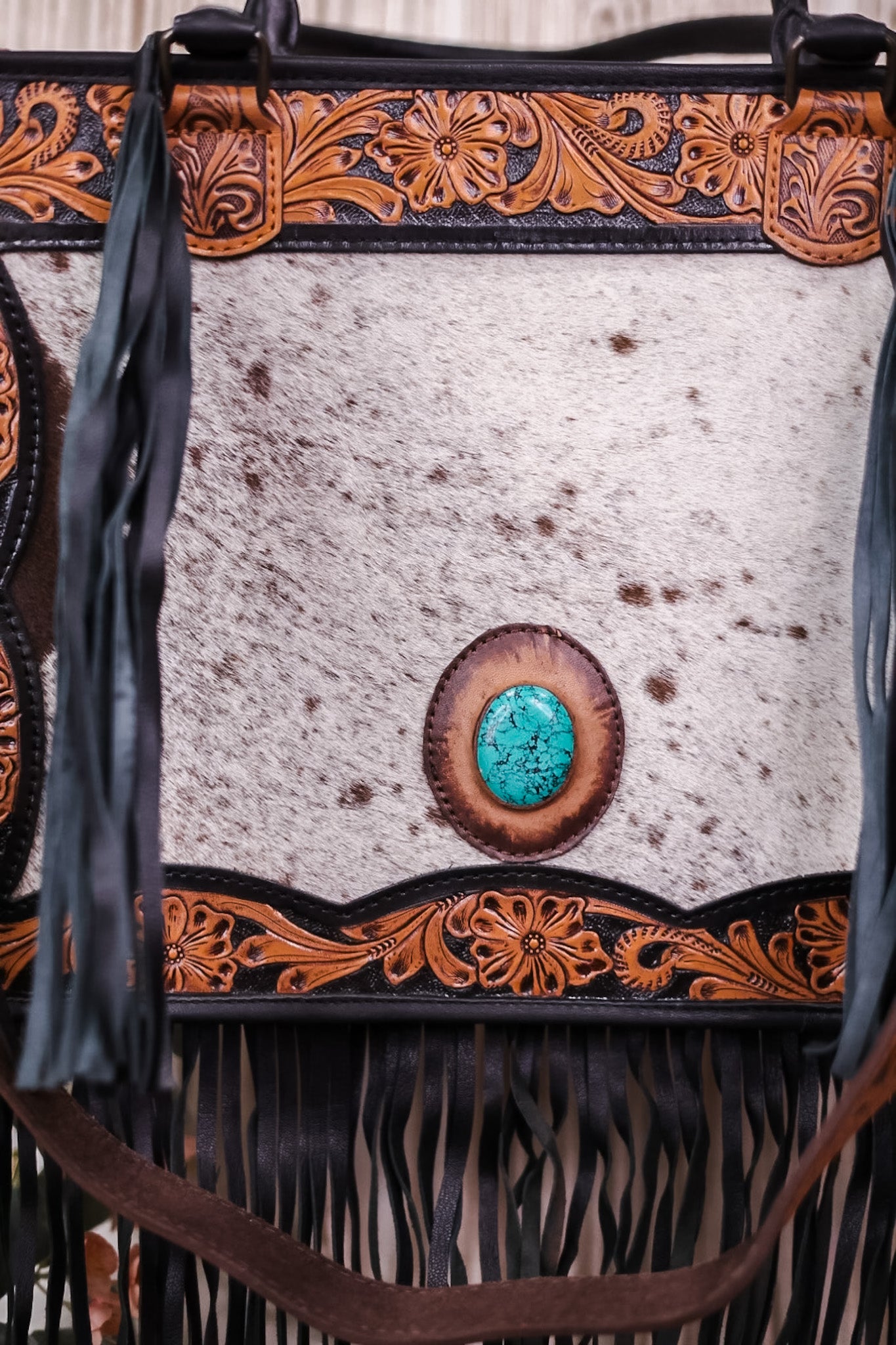 Cowhide and Turquoise Tote Bag with Hand Tooled Leather