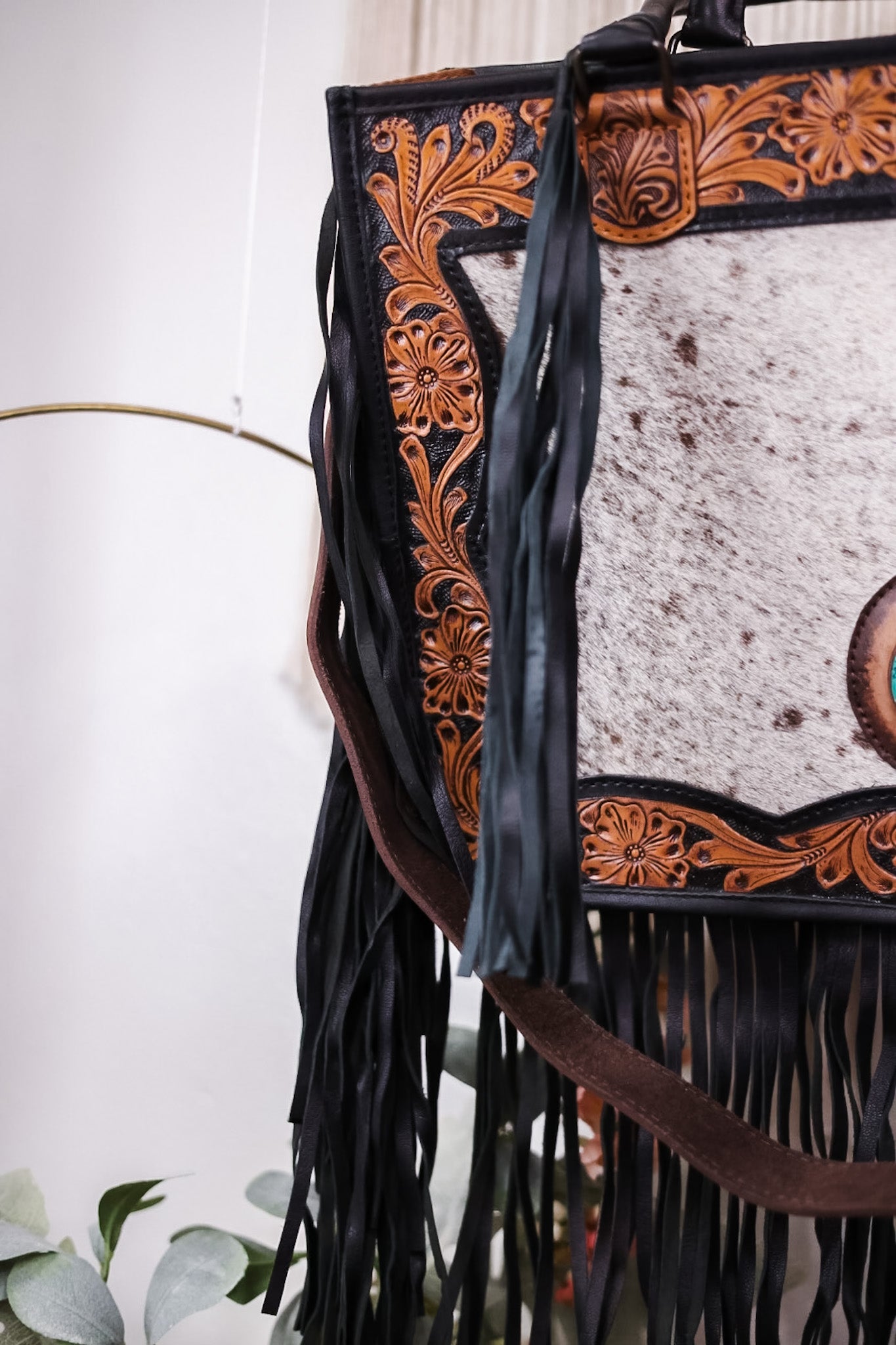 Cowhide and Turquoise Tote Bag with Hand Tooled Leather