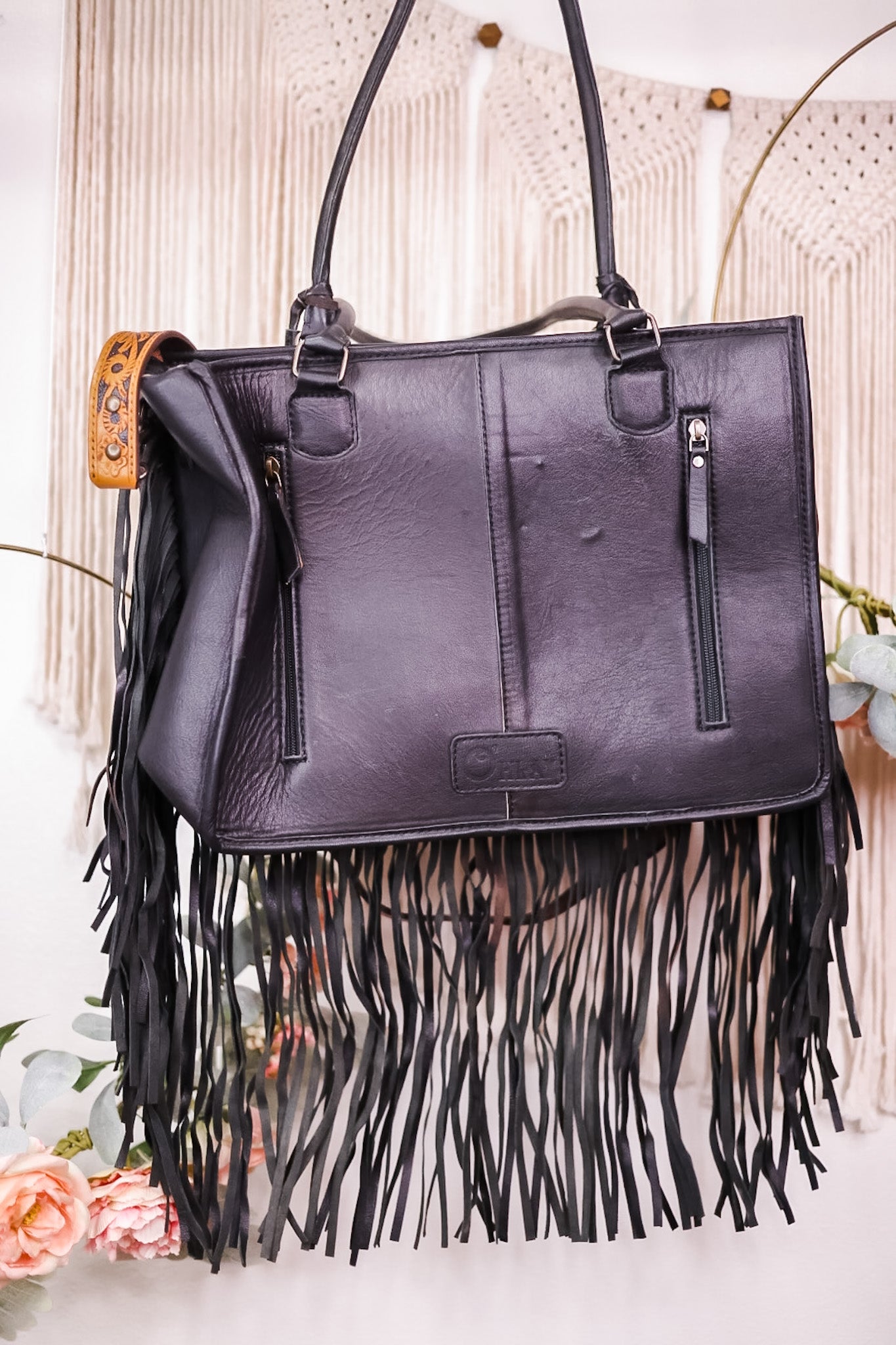 Cowhide and Turquoise Tote Bag with Hand Tooled Leather