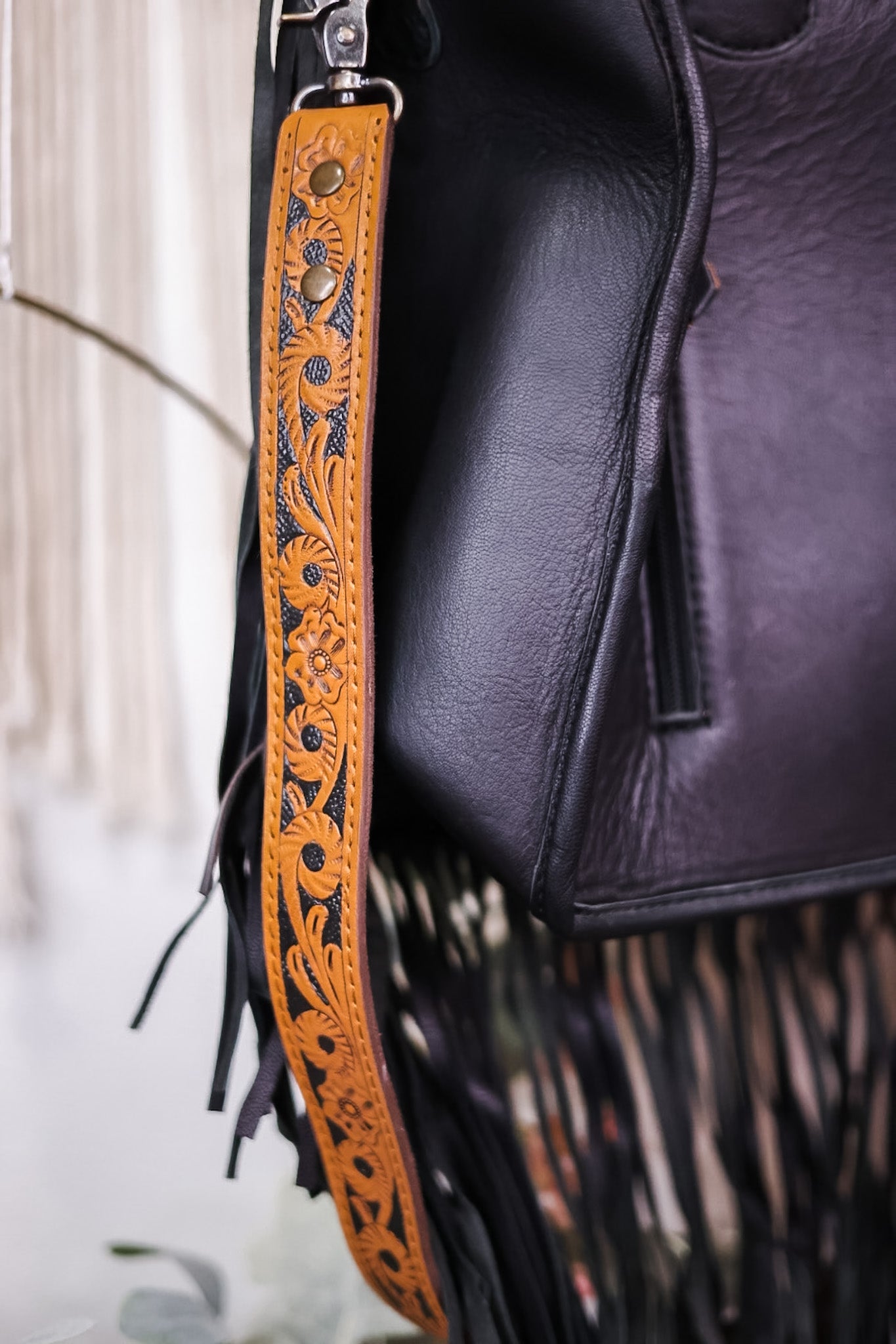 Cowhide and Turquoise Tote Bag with Hand Tooled Leather